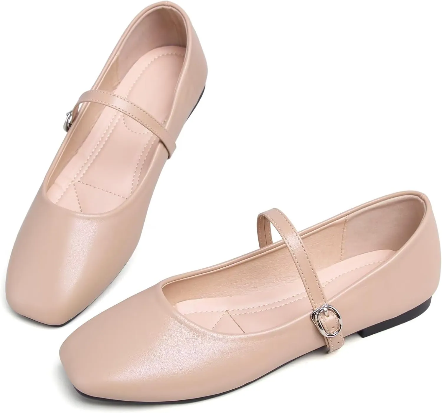 SAILING LU Women's Square Toe Classic Mary Jane Flats Soft PU Leather Walking Shoes Comfortable Slip-ons Solid Color Dress Shoes