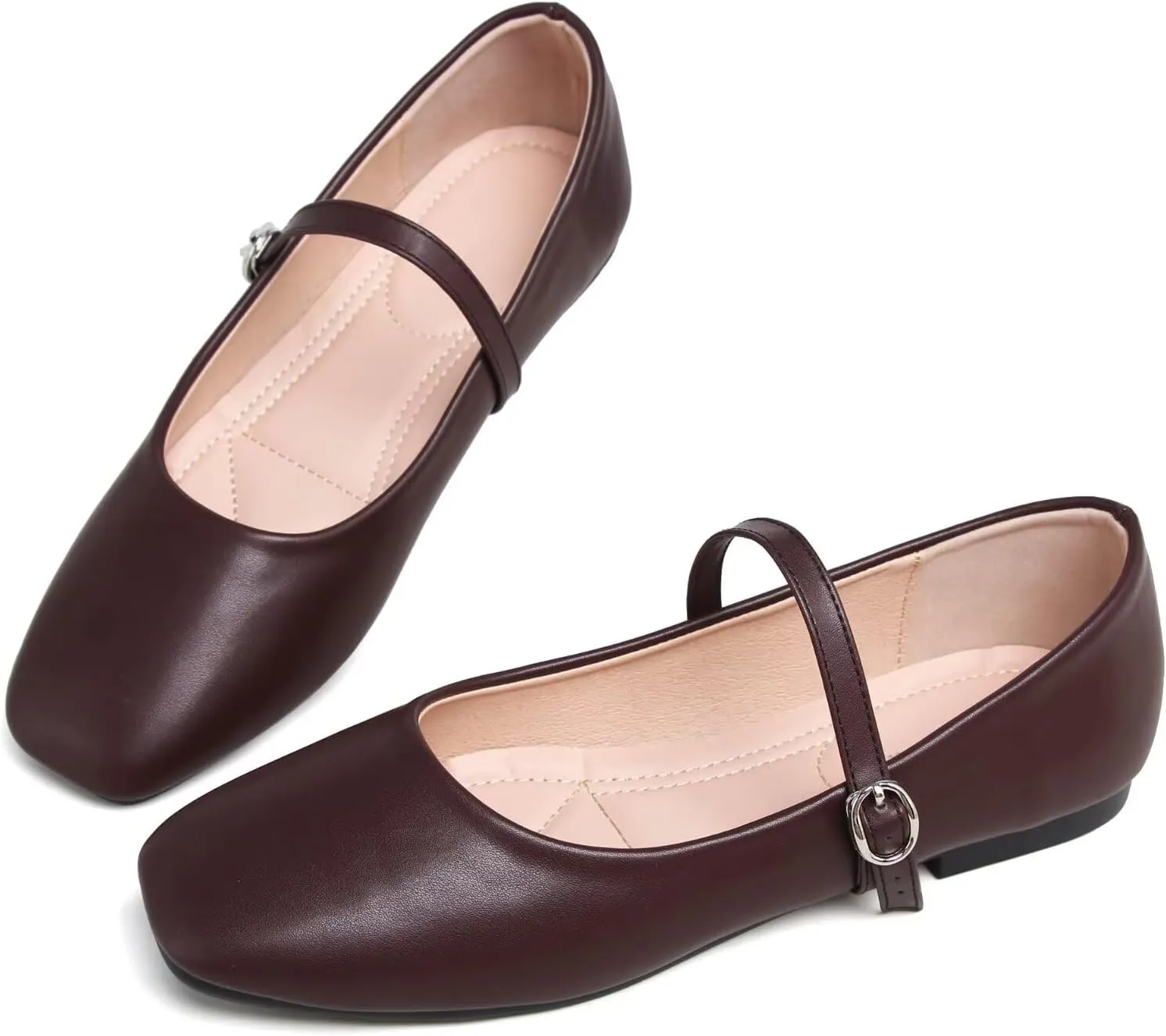 SAILING LU Women's Square Toe Classic Mary Jane Flats Soft PU Leather Walking Shoes Comfortable Slip-ons Solid Color Dress Shoes