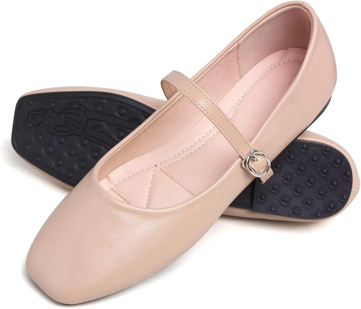 SAILING LU Women's Square Toe Classic Mary Jane Flats Soft PU Leather Walking Shoes Comfortable Slip-ons Solid Color Dress Shoes