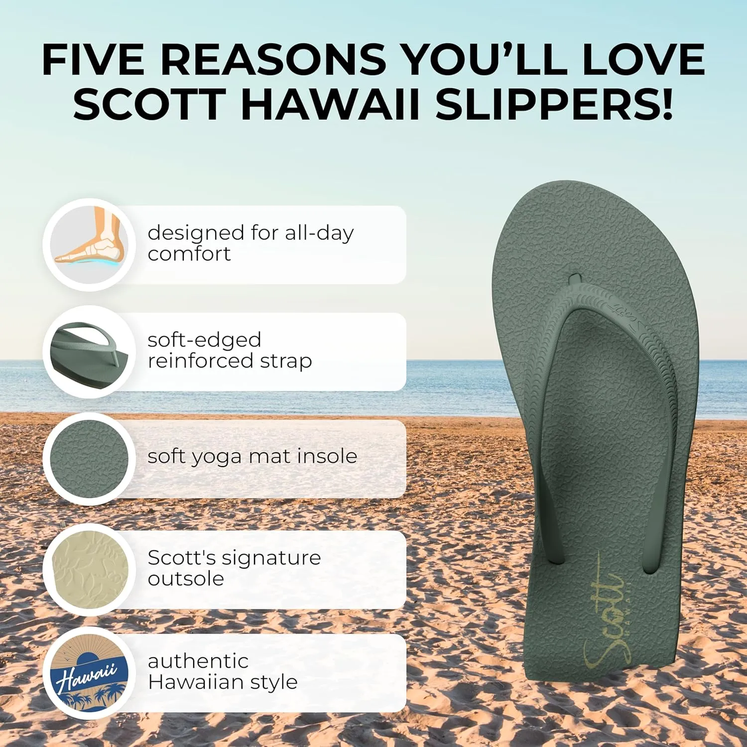 Scott Hawaii Women's Moena Flip Flop | Soft Yoga Mat Insole | Lightwieght Non-slip Outsole | Arch Support For All Day Wear