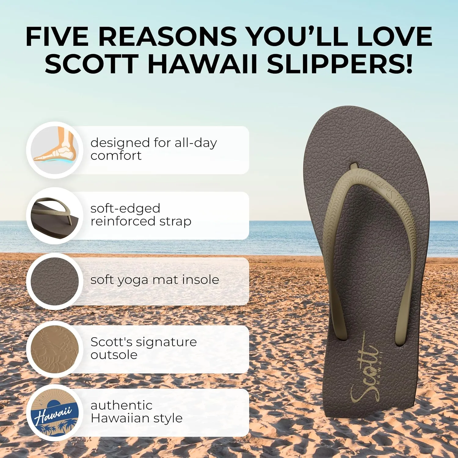 Scott Hawaii Women's Moena Flip Flop | Soft Yoga Mat Insole | Lightwieght Non-slip Outsole | Arch Support For All Day Wear