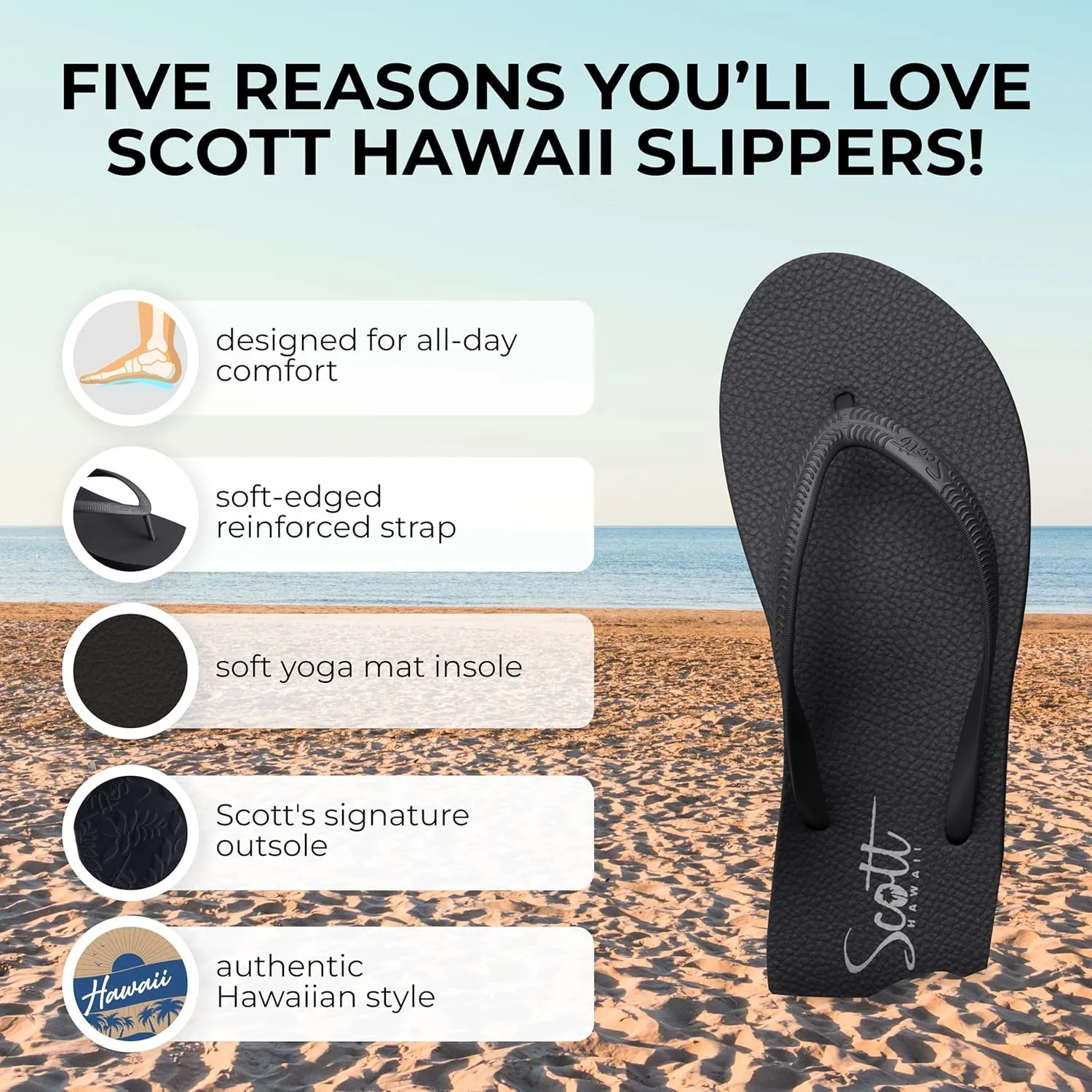 Scott Hawaii Women's Moena Flip Flop | Soft Yoga Mat Insole | Lightwieght Non-slip Outsole | Arch Support For All Day Wear