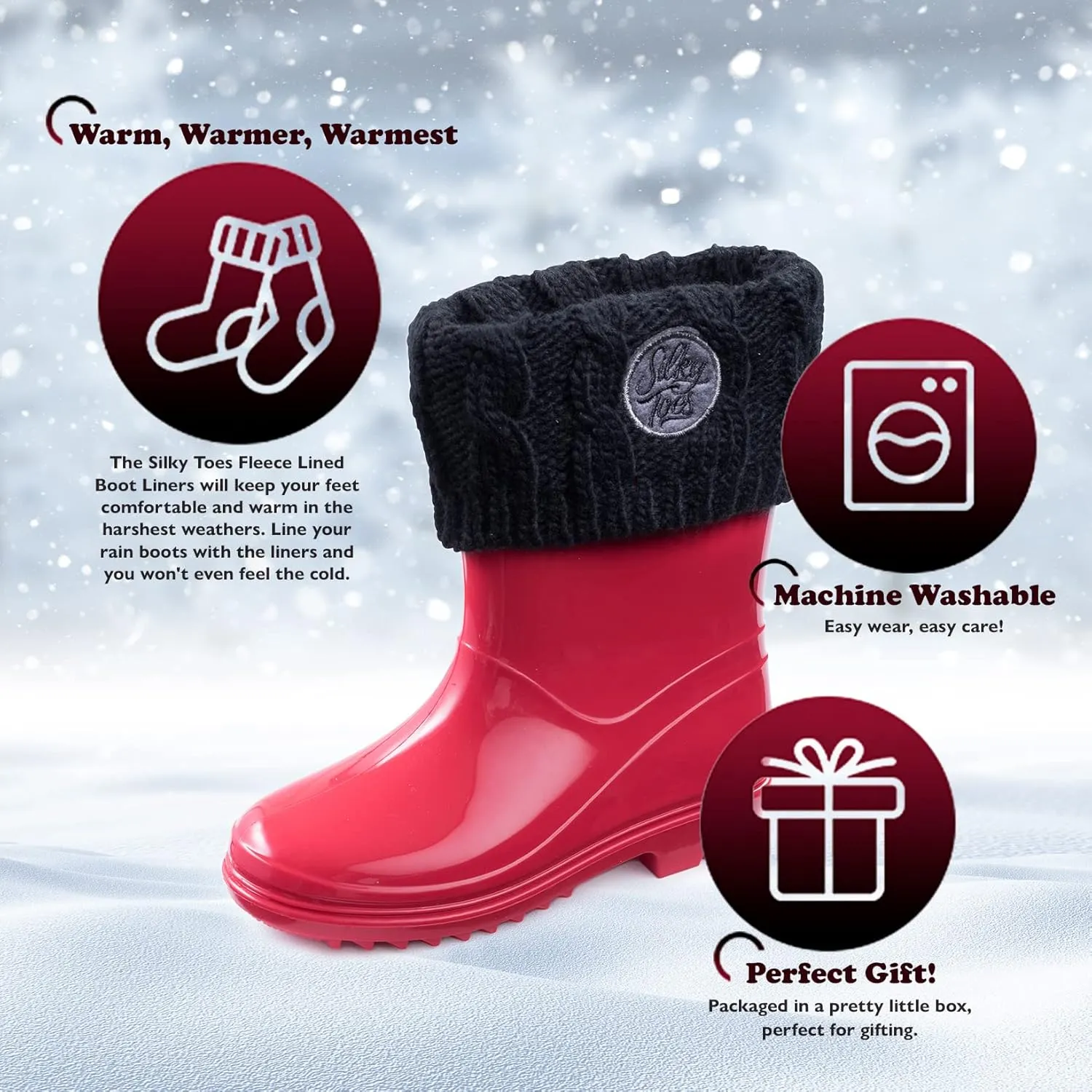 Silky Toes Kids Warm Cozy Fleece Lined Boot Liners With Cable Knit Cuff (Black, Small)