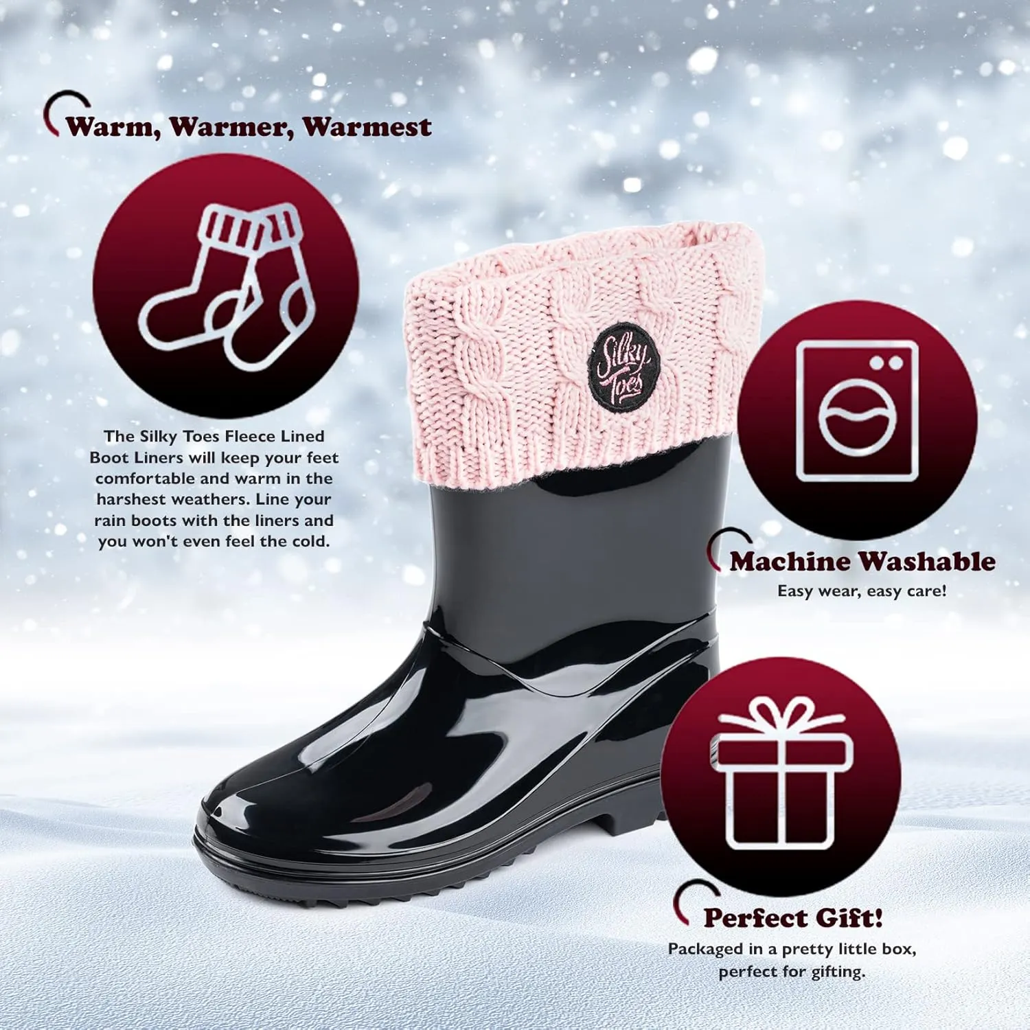 Silky Toes Kids Warm Cozy Fleece Lined Boot Liners With Cable Knit Cuff (Pink, small)