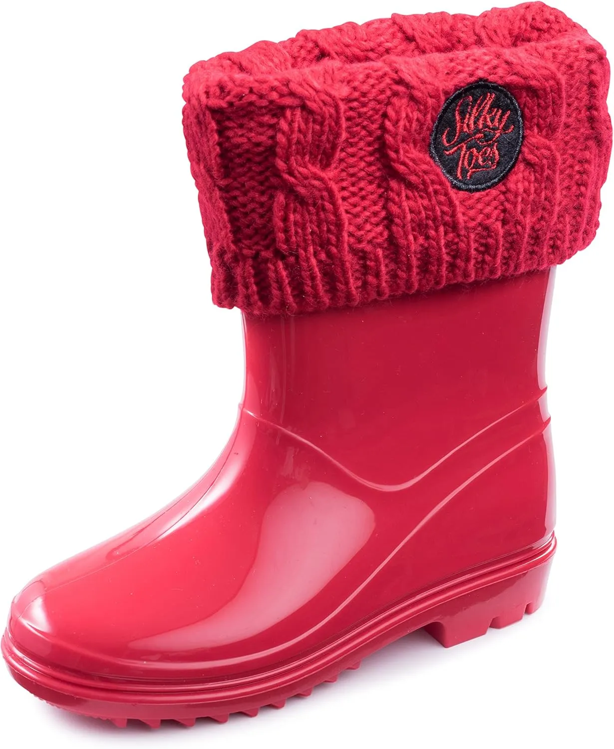 Silky Toes Kids Warm Cozy Fleece Lined Boot Liners With Cable Knit Cuff (Red, Large)