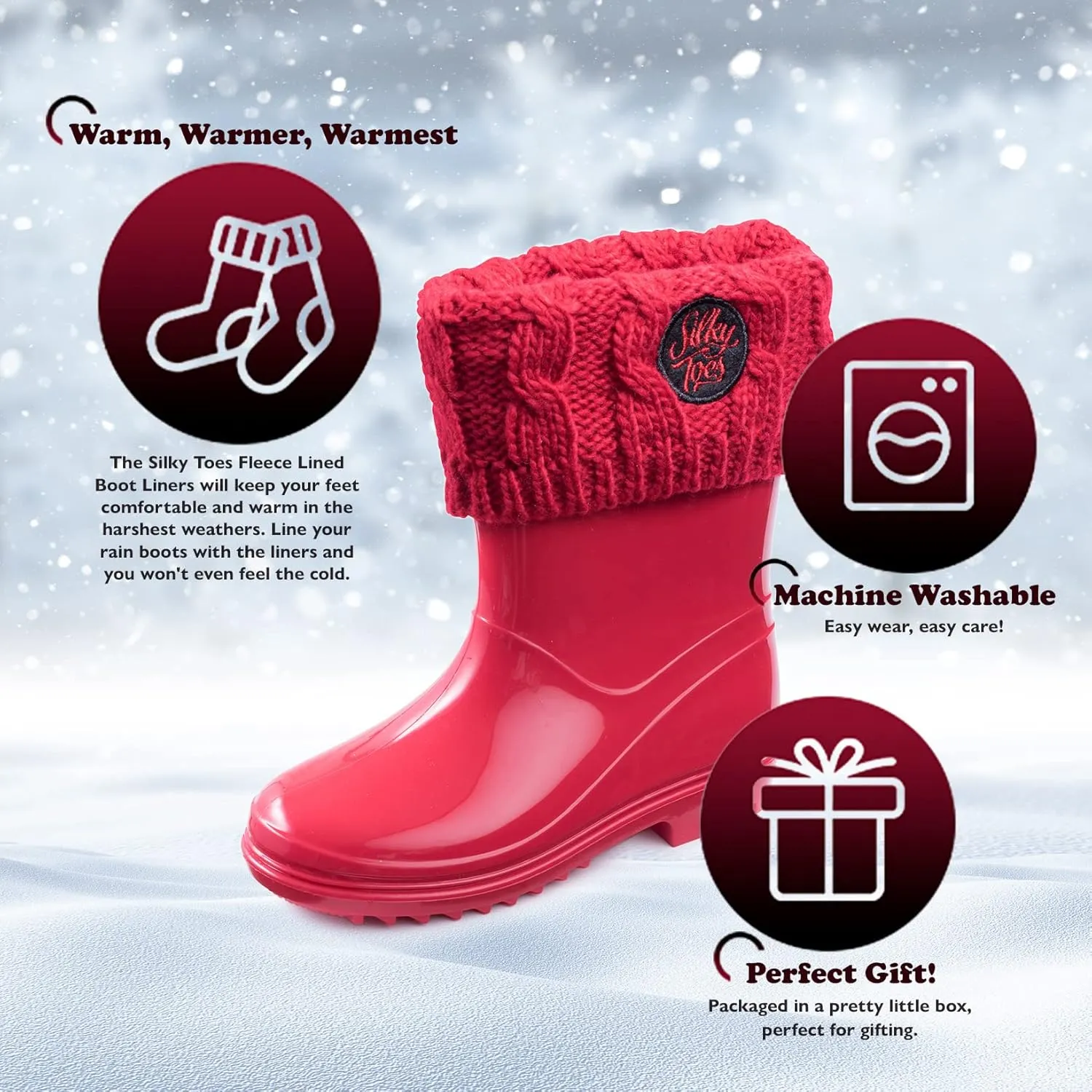 Silky Toes Kids Warm Cozy Fleece Lined Boot Liners With Cable Knit Cuff (Red, Large)