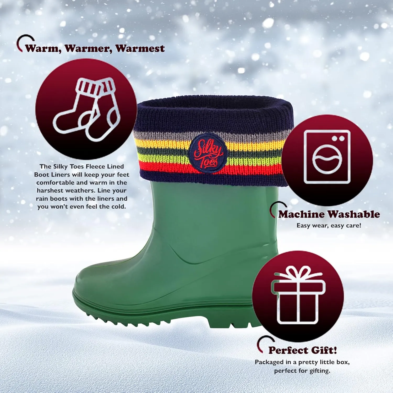 Silky Toes Kids Warm Cozy Fleece Lined Boot Liners With Cable Knit Cuff (Striped, Large)