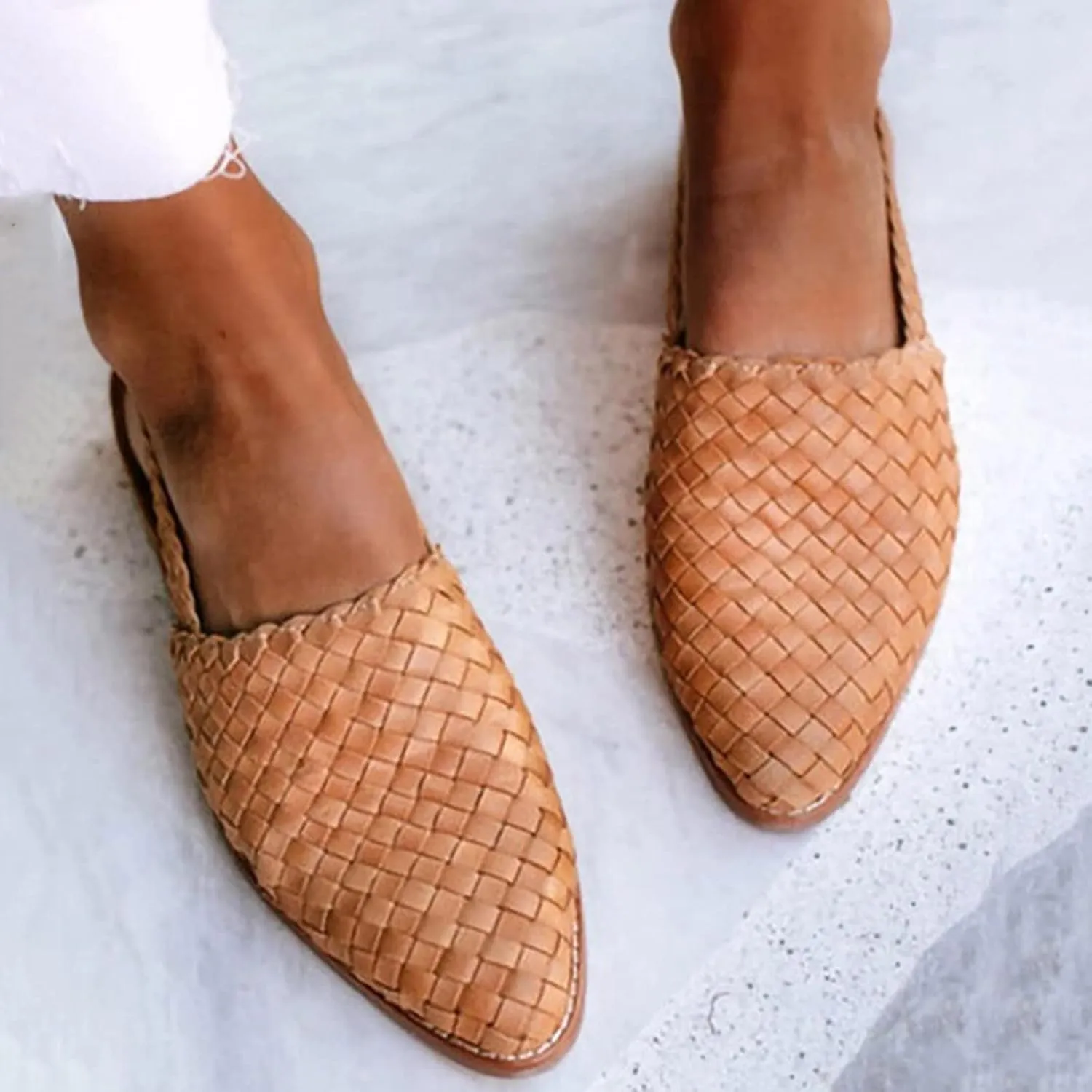 Slingback Shoes for Women Flats Woven Leather Casual Dressy Closed Toe Low Heel Breathable Walking Sandals