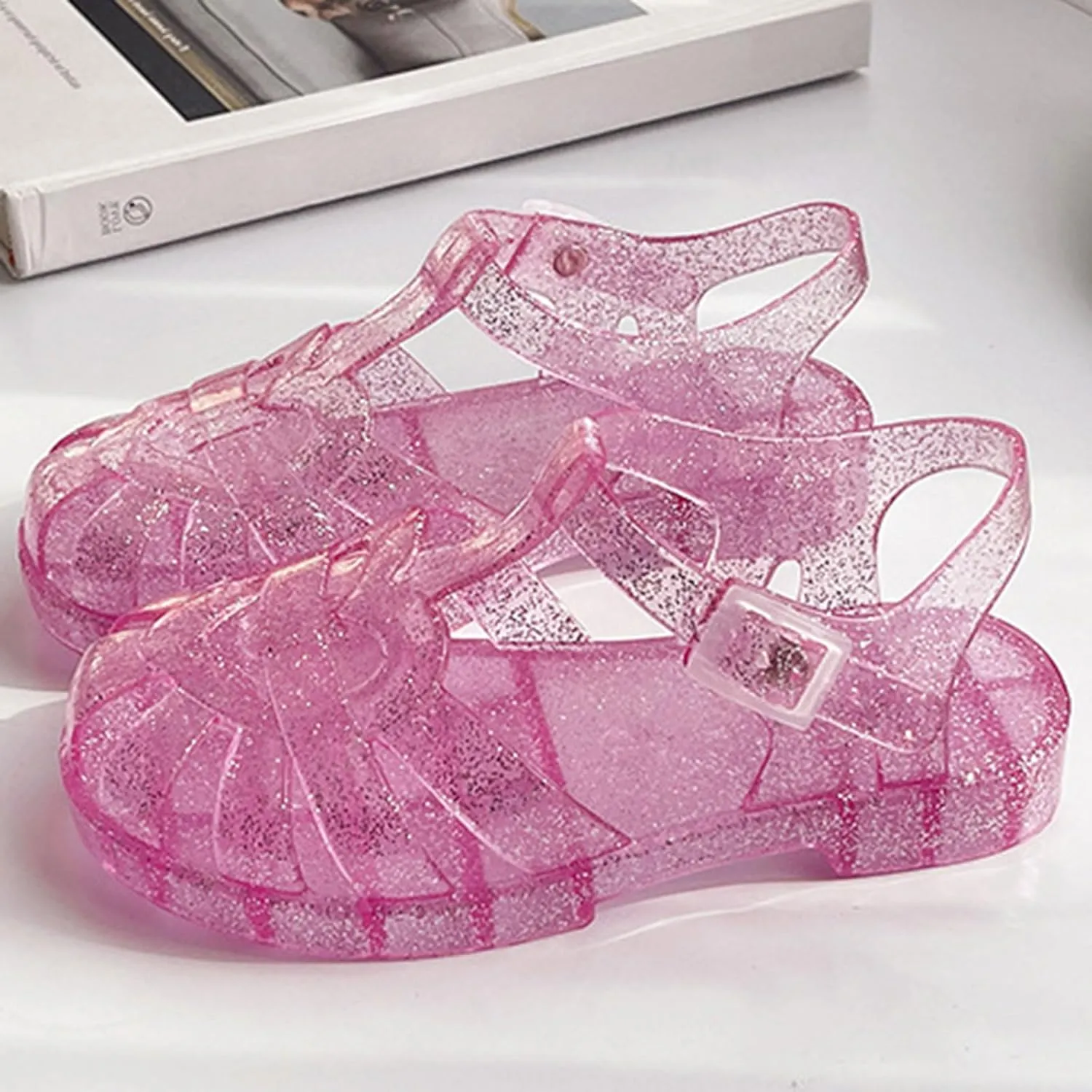 Soft Flat Shoes Summer Girl Shoes Girls Sandals Shiny Jelly Beach Closed Toe Hollow Casual