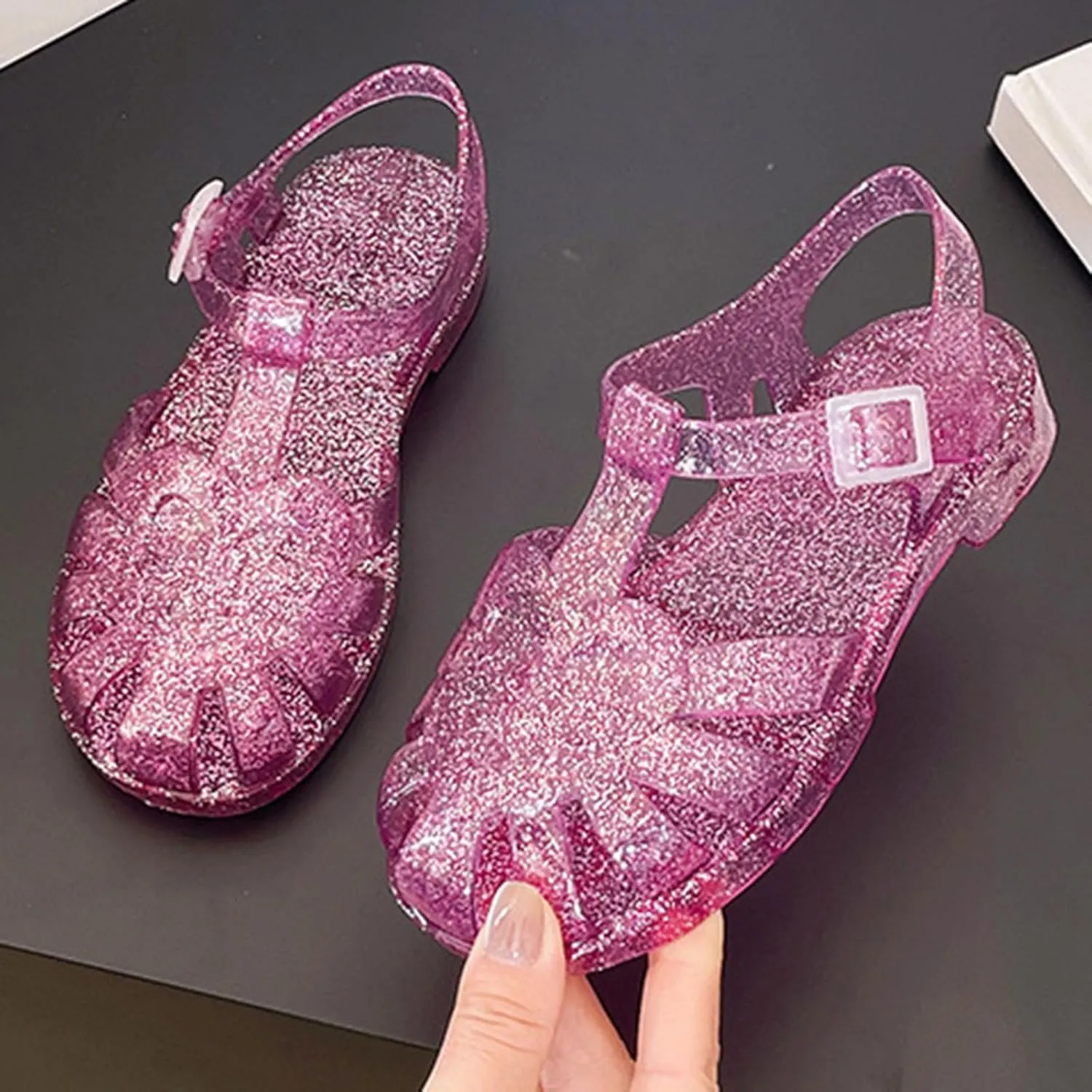 Soft Flat Shoes Summer Girl Shoes Girls Sandals Shiny Jelly Beach Closed Toe Hollow Casual
