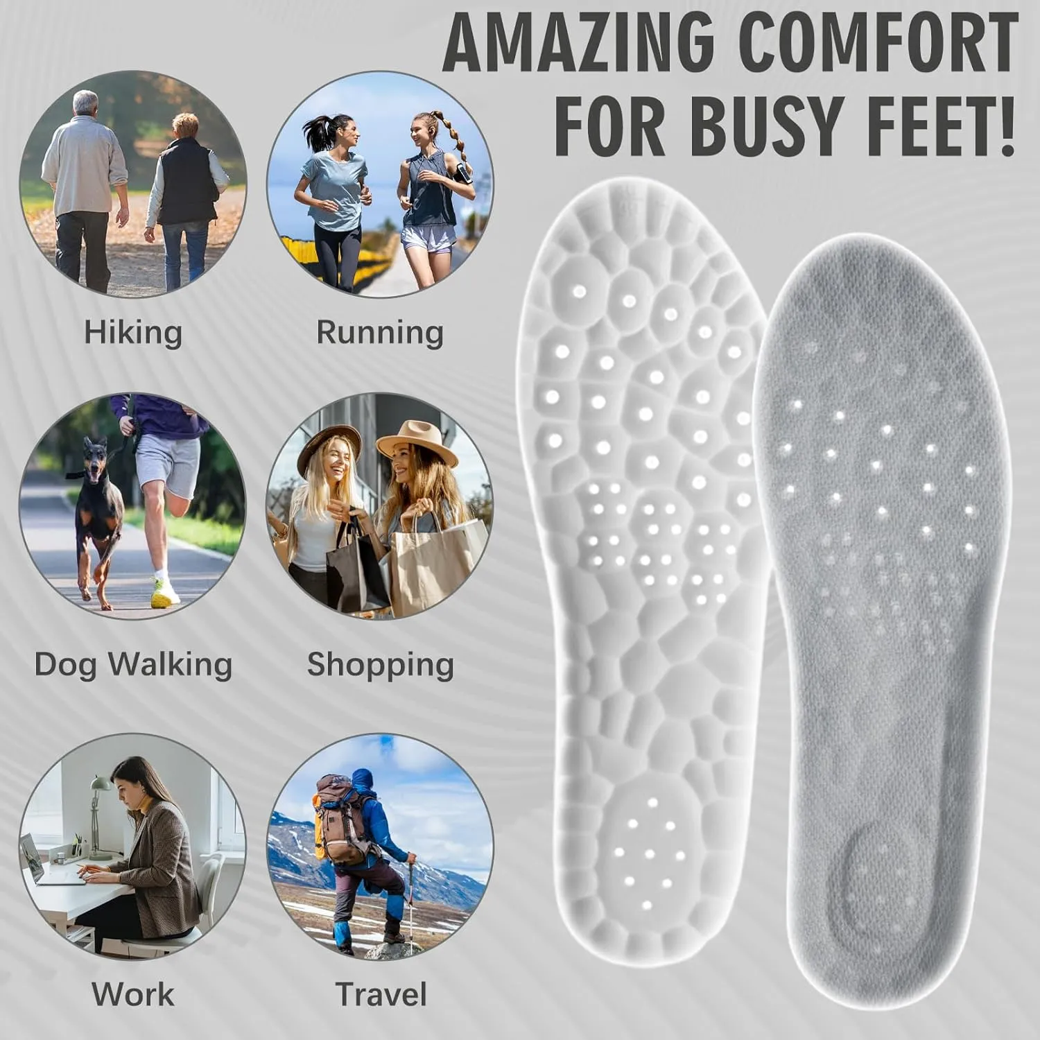 Soft Memory Foam Shoe Insoles - Sports Shock Absorbing Insoles for Standing All Day 4D Arch Support Shoe Inserts Comfortable Sole Inserts with Breathable Mesh (Men Size:11-12, Gray)