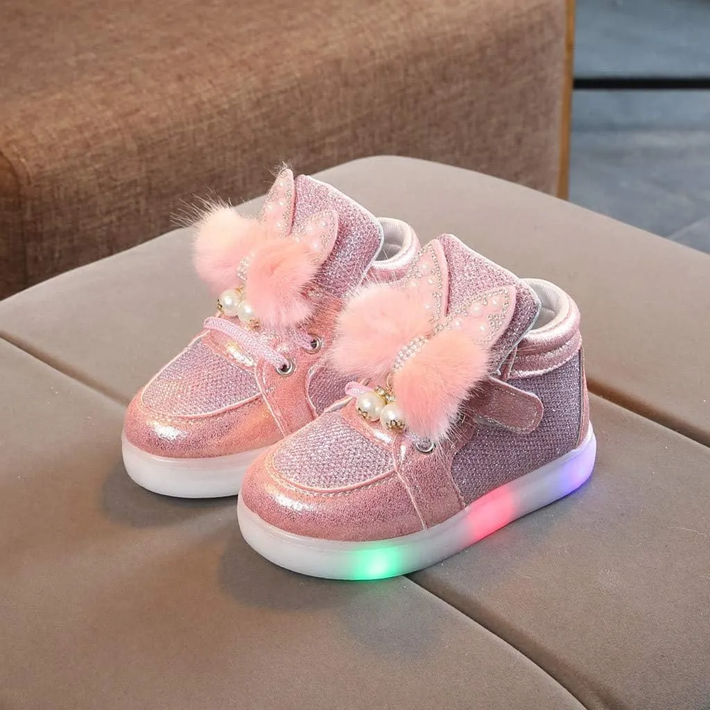 Toddler Baby Girls 𝐂artoon Rabbit Luminous Sport Shoes Fashion Cute High Top Light Up Casual Walking Sneakers