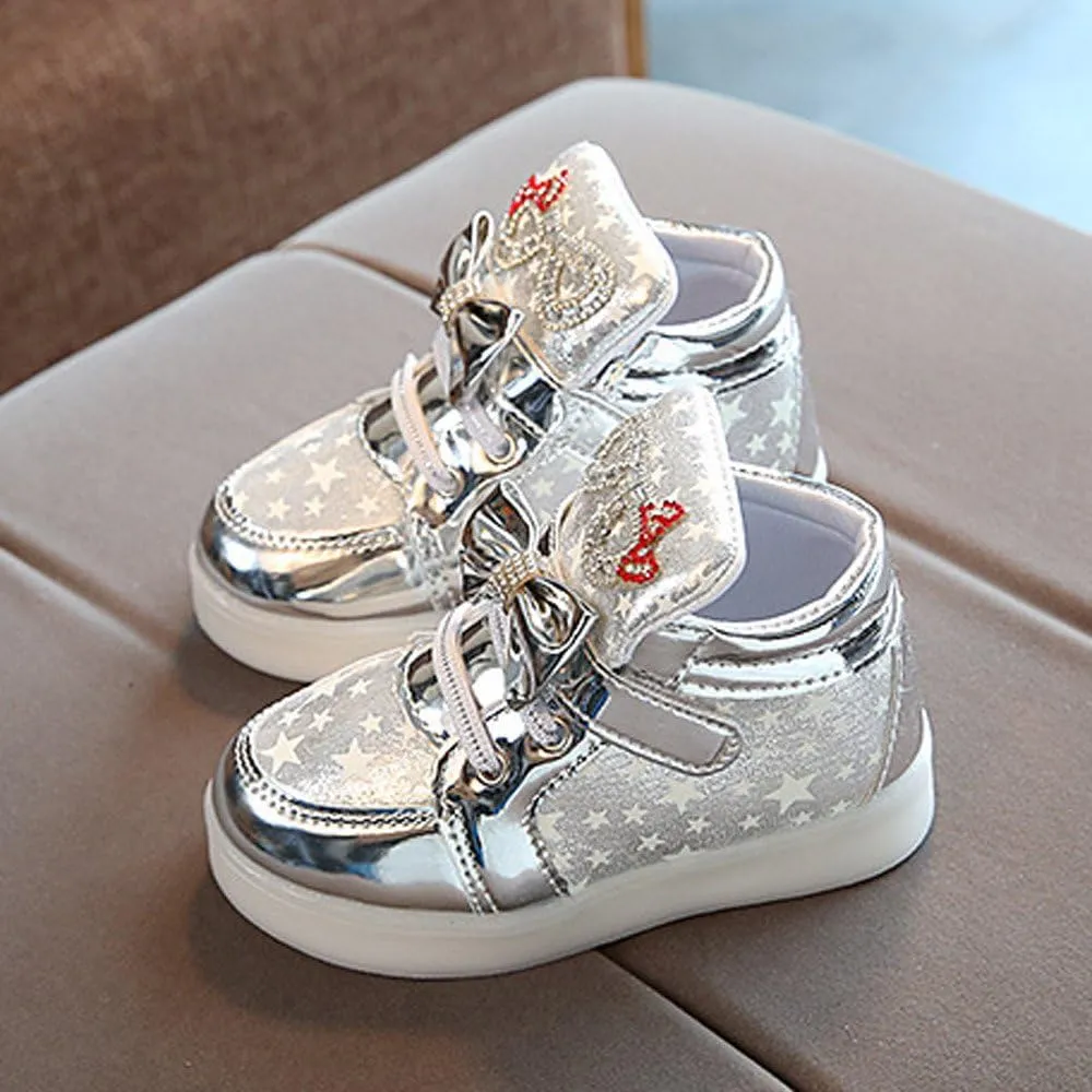 Toddler Baby Girls Light Up Shoes Kids Star LED Flashing High Top Sneakers Little Girl Fashion Non Slip Boots