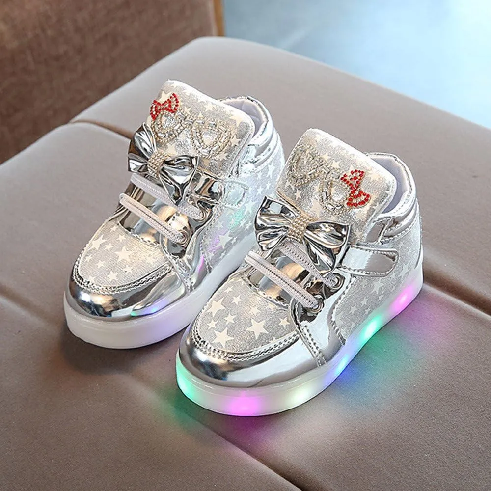 Toddler Baby Girls Light Up Shoes Kids Star LED Flashing High Top Sneakers Little Girl Fashion Non Slip Boots