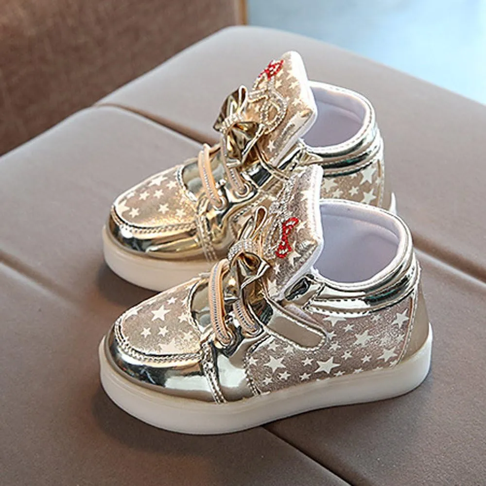 Toddler Baby Girls Light Up Shoes Kids Star LED Flashing High Top Sneakers Little Girl Fashion Non Slip Boots