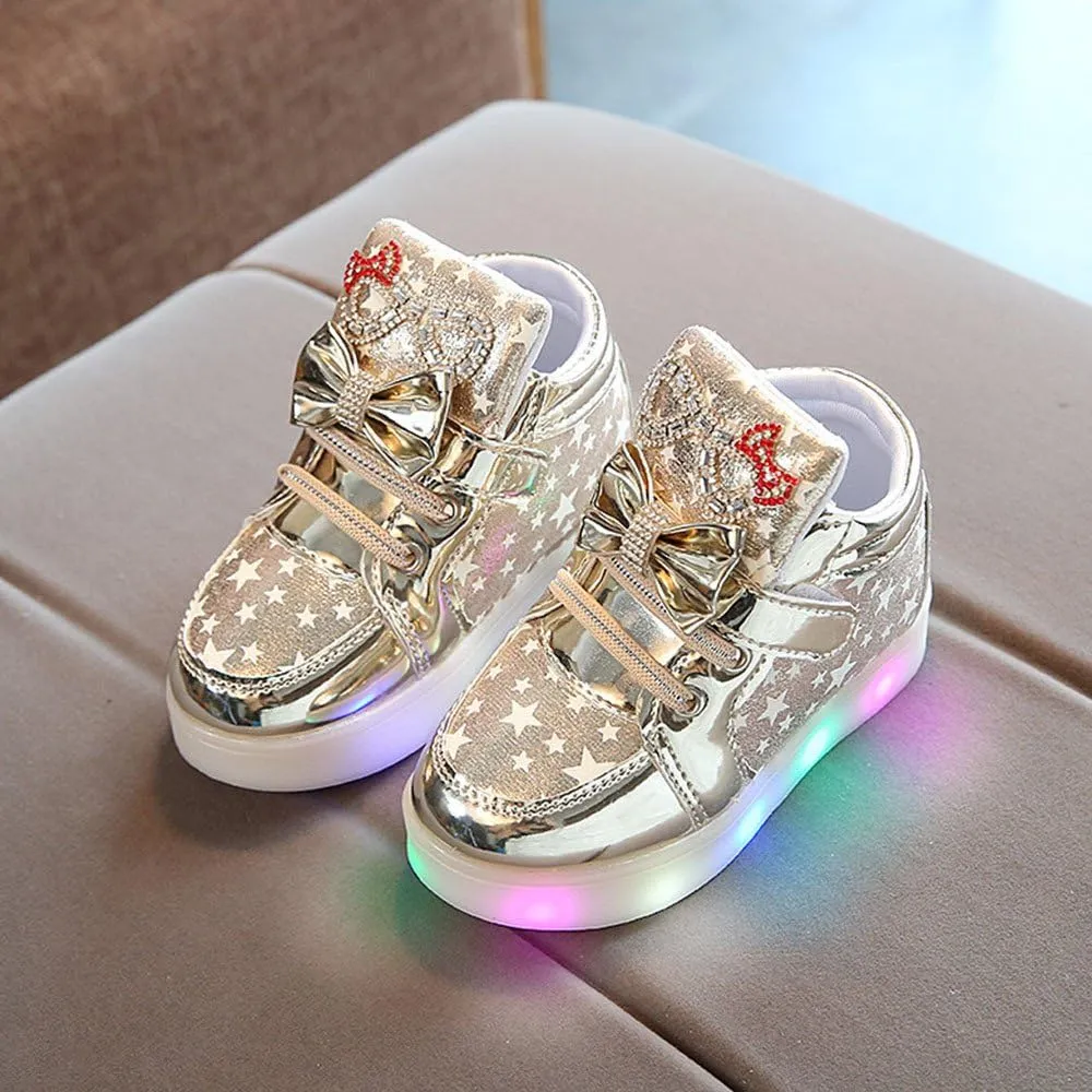 Toddler Baby Girls Light Up Shoes Kids Star LED Flashing High Top Sneakers Little Girl Fashion Non Slip Boots