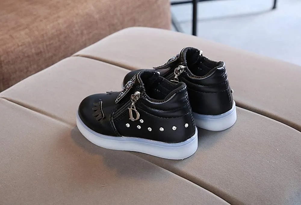 Toddler Girls hinestone Light Up Sneaker High Top Slip On Rubber Bottom Zipper Cute Fashion Toddler Girl Shoes Size 9