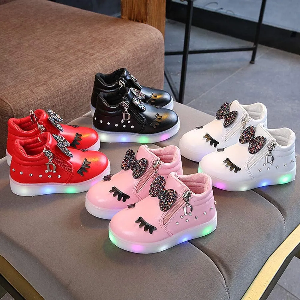 Toddler Girls hinestone Light Up Sneaker High Top Slip On Soft Rubber Bottom Zipper Cute Fashion Athletic Shoes