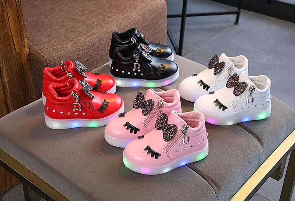 Toddler Girls hinestone Light Up Sneaker High Top Slip On Soft Rubber Bottom Zipper Cute Fashion Athletic Shoes