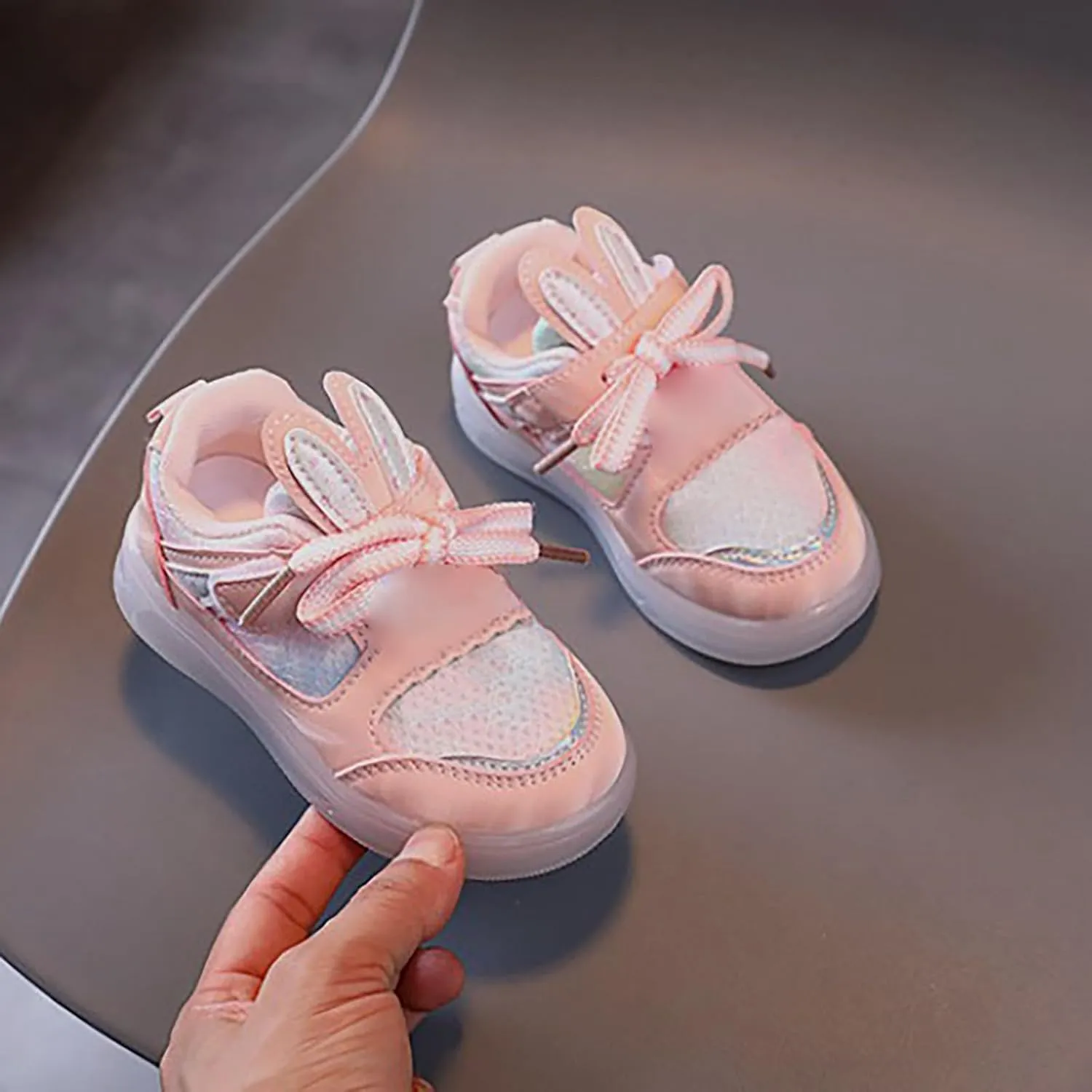 Toddler Infant Girls Cute Rabbit Ear Light Up Shoes Luminous Flat Bottom Breathable Outdoor Play Casual Sneakers