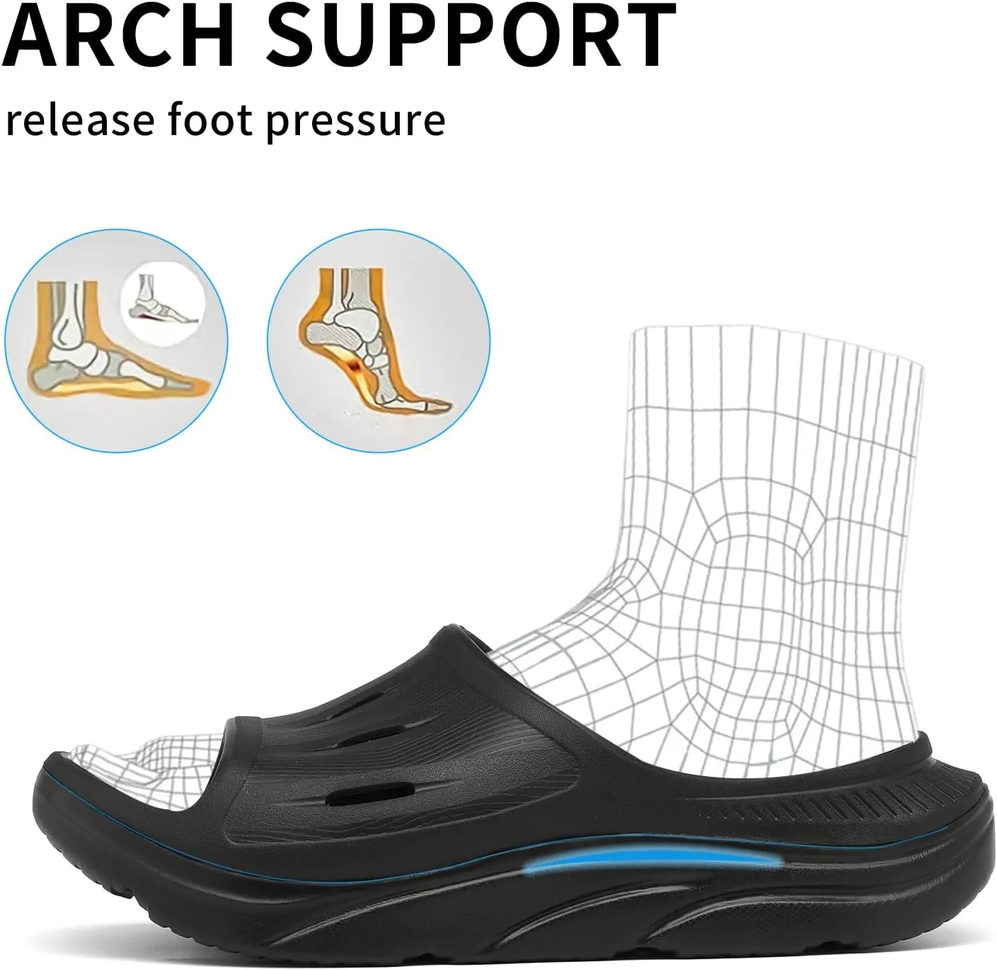 Unisex Adult Recovery Slides, Women and Men’s Plantar Fasciitis Thick Cushion Sandals with Arch Support, Orthotic Athletic Comfortable Lightweight Slippers for Indoor Outdoor