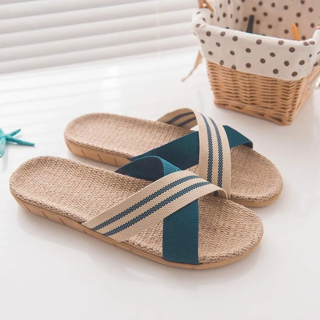 Unisex Linen Beach Slippers Lightweight Non Slip Indoor Sandals Open Toe Breathable Womens Espadrilles Flats