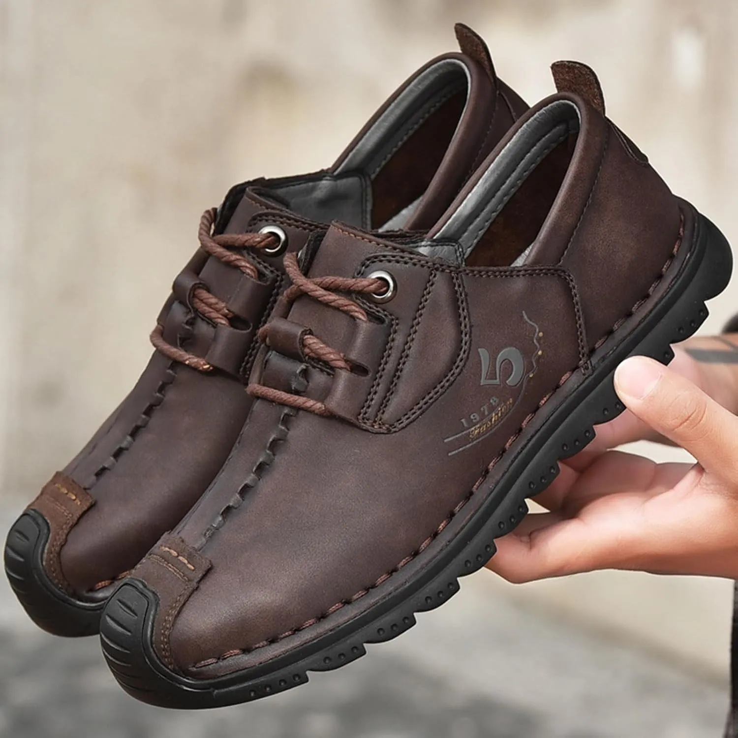 VOCECO Mens Casual Leather Loafers Lightweight Breathable Outdoor Walking Slip On Sneakers Walking Driving Shoes