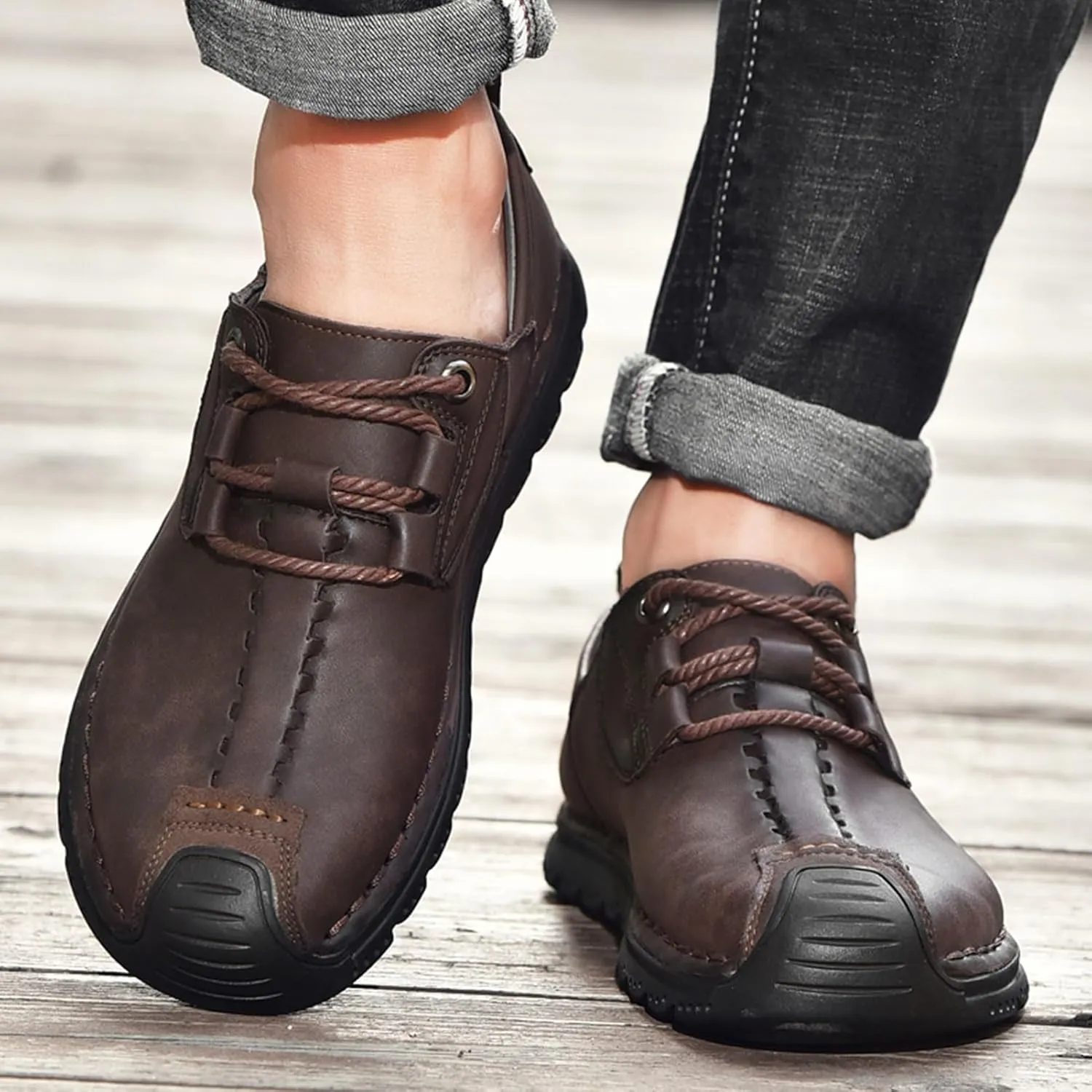 VOCECO Mens Casual Leather Loafers Lightweight Breathable Outdoor Walking Slip On Sneakers Walking Driving Shoes