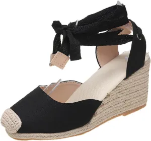 Wedge Espadrille Sandals for Women Ankle Buckle Strap Closed Toe Shoes Summer Wedges Heel Sandal Lace Up Comfortable Classic Dress Beach Vacation Trendy Shoes Casual Beach Sandal