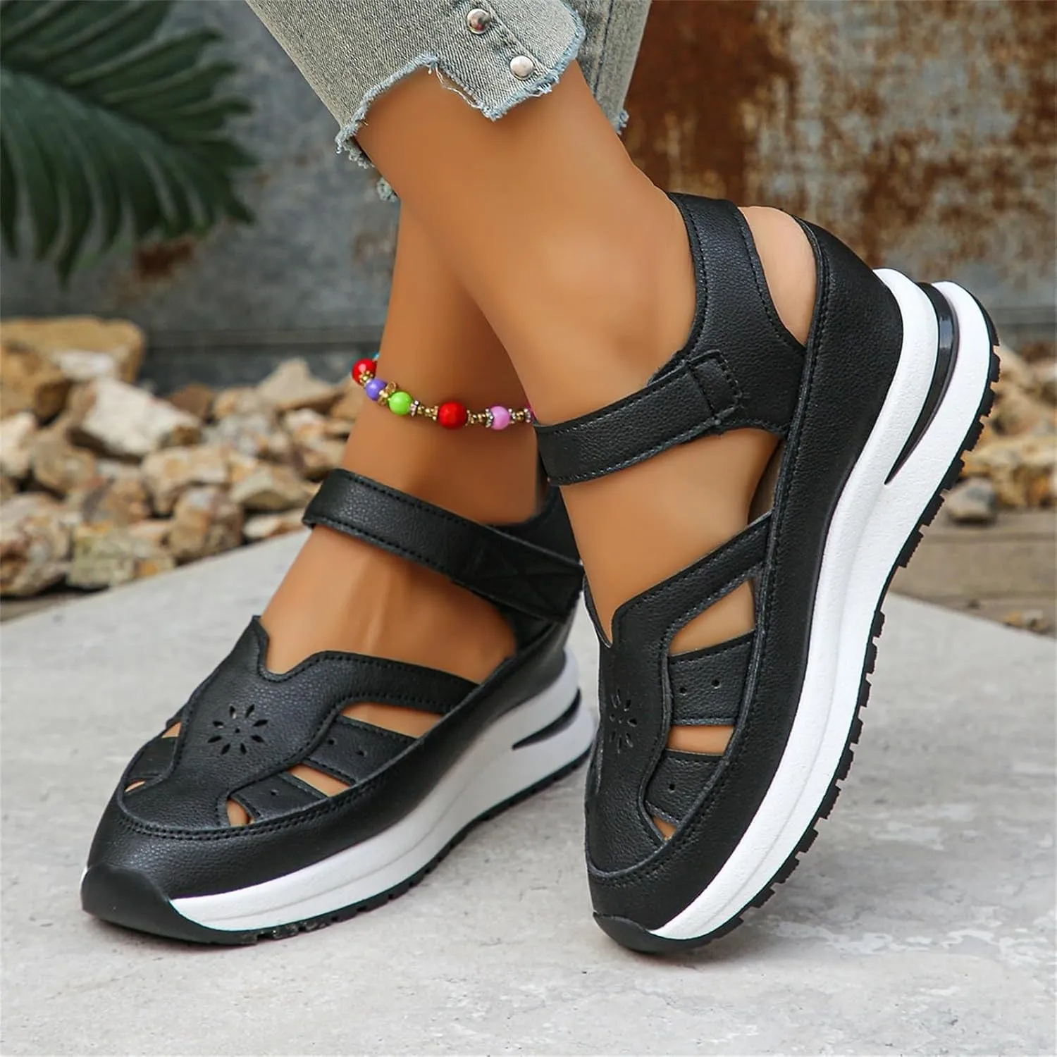 Wedge Platform Orthopedic Sandals for Women Breathable Leather Hollow Out Closed Toe Sport Shoes Walking Sandals