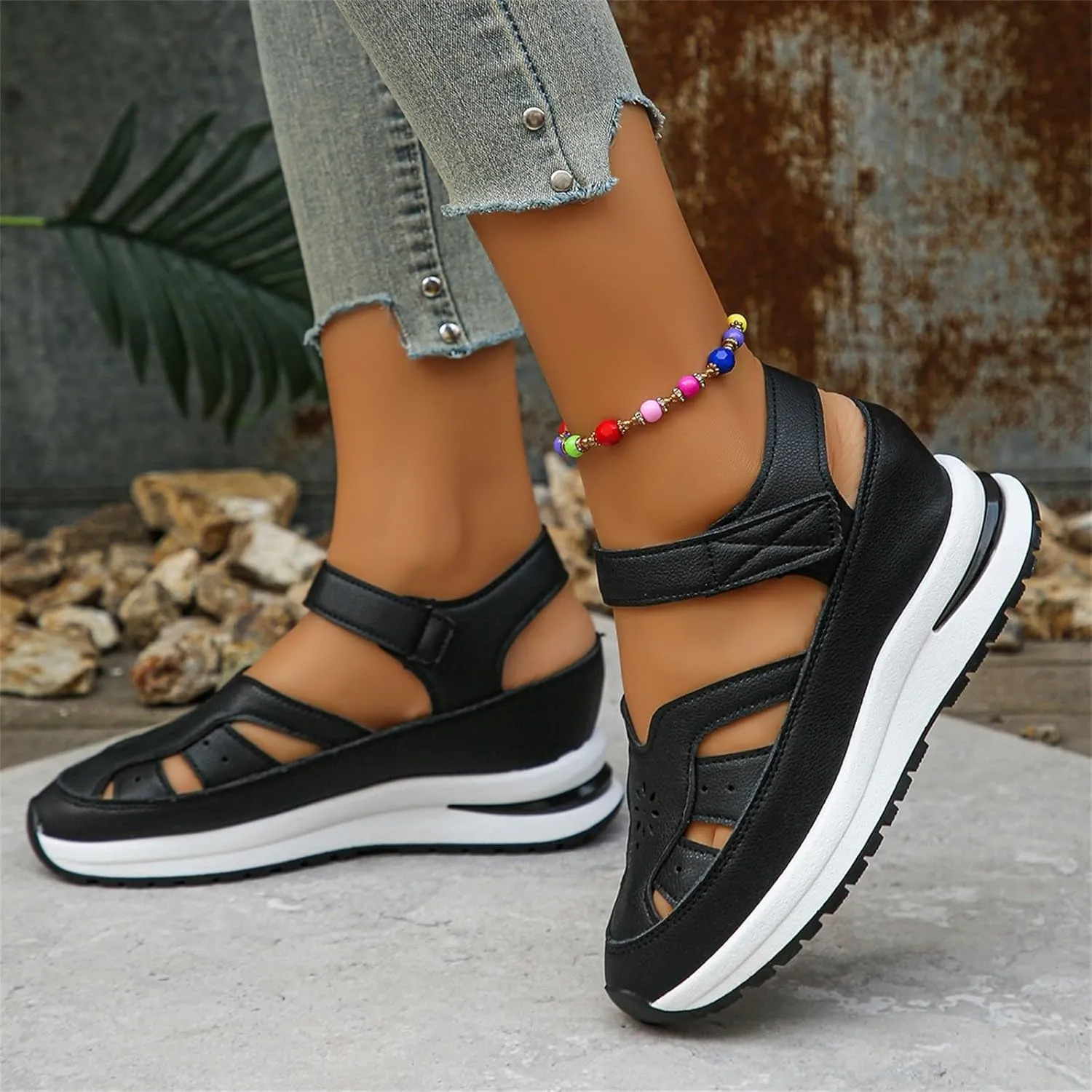 Wedge Platform Orthopedic Sandals for Women Breathable Leather Hollow Out Closed Toe Sport Shoes Walking Sandals