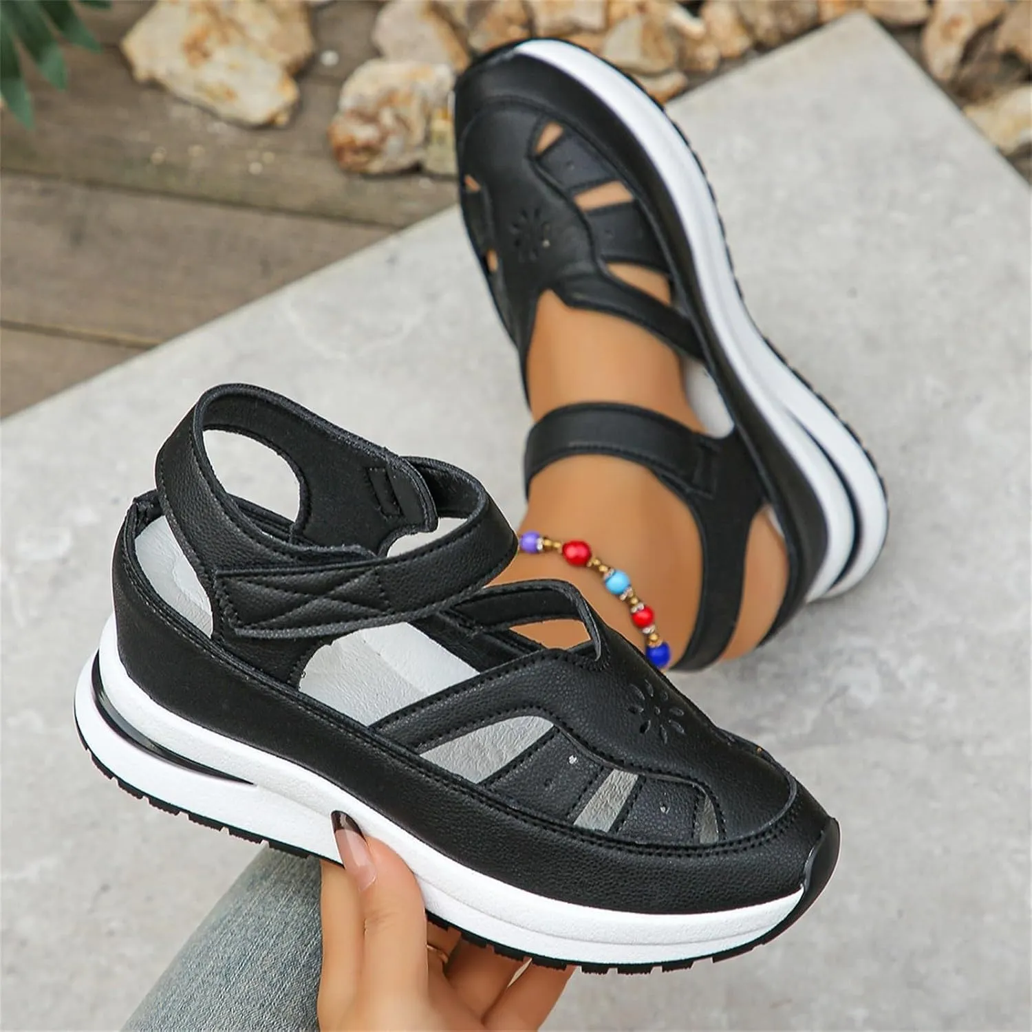 Wedge Platform Orthopedic Sandals for Women Breathable Leather Hollow Out Closed Toe Sport Shoes Walking Sandals