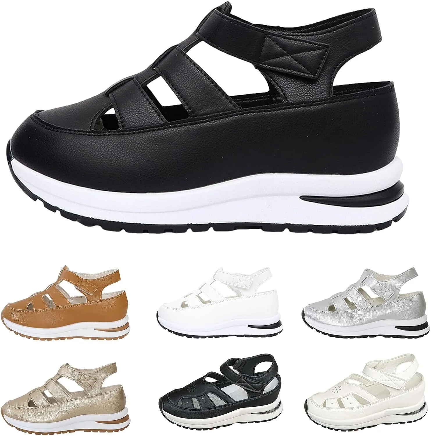 Wedge Platform Orthopedic Sandals for Women Breathable Leather Hollow Out Closed Toe Sport Shoes Walking Sandals