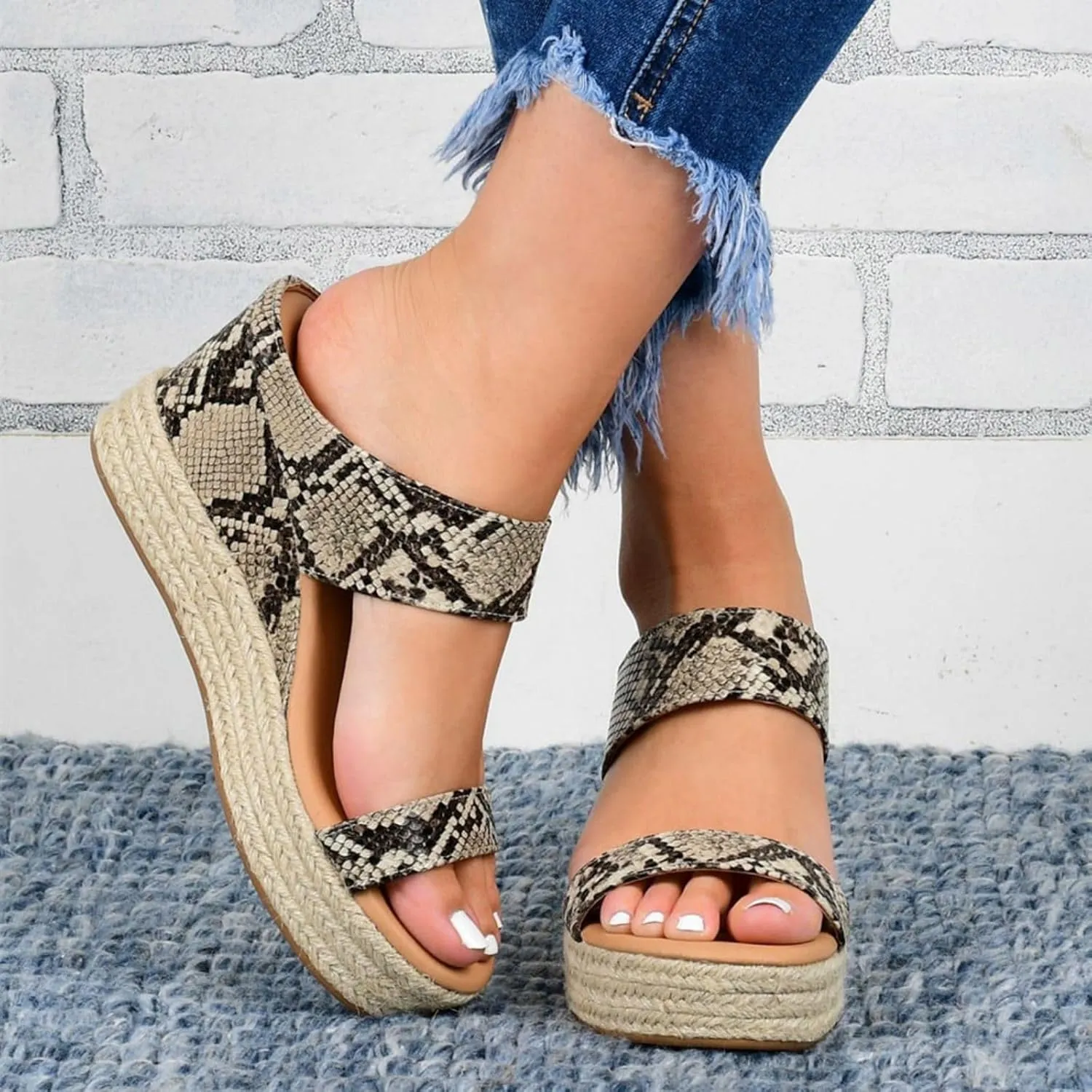 Wedge Sandals for Women Casual Summer Open Toe Flatform Espadrilles Dressy Platform Wedges, Two Band Slip on Sandals Beach Comfortable Mid Heels Espadrilles