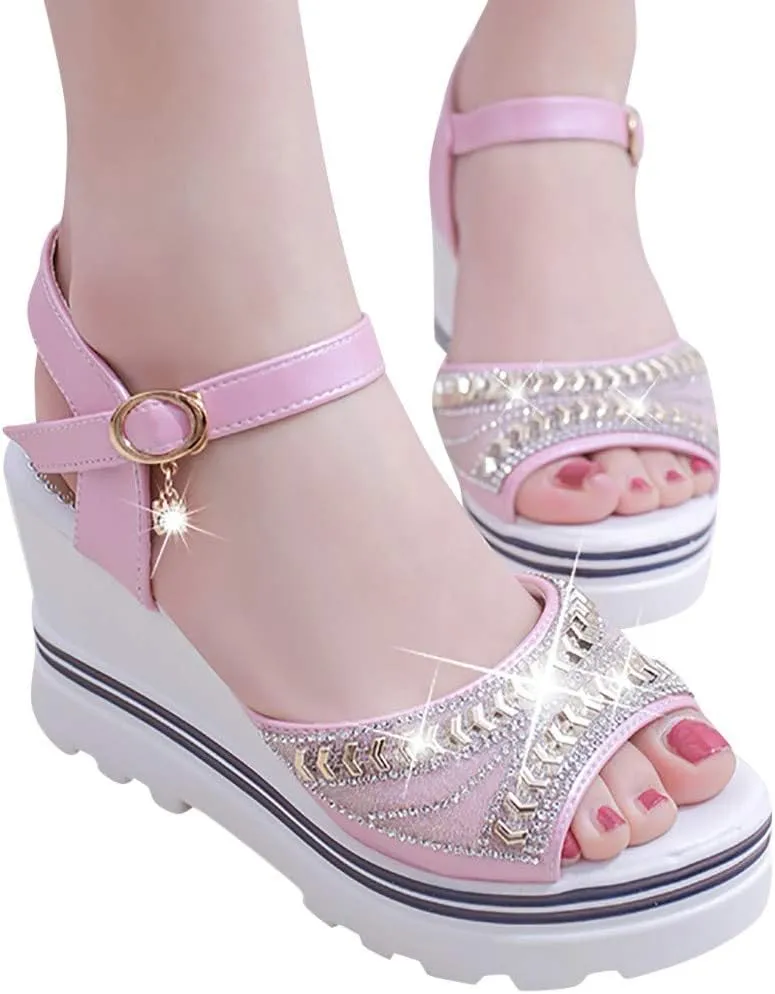 Wedge Sandals for Women Fashion Ankle Strap Buckle Open Toe Summer Slide Sandals oho Wedge Sandal for Beach Party Casual Dress Platform Pumps