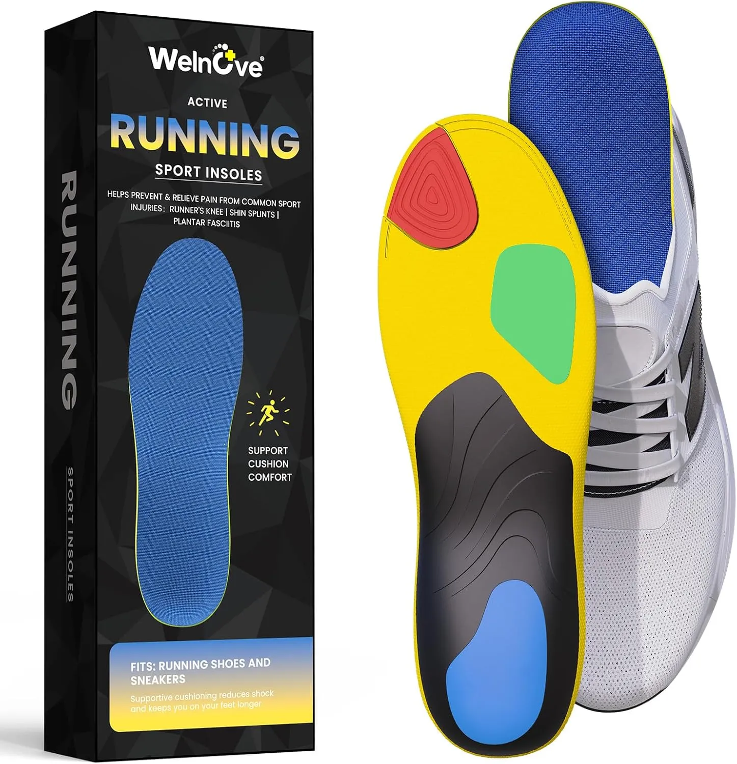 Welnove Plantar Fasciitis Insoles – Sport Arch Support Insoles for Running, Hiking & Standing All Day – Shock Absorption, Heel Pain Relief Heel Spur Insert for Sneakers & Boots(Blue,M)