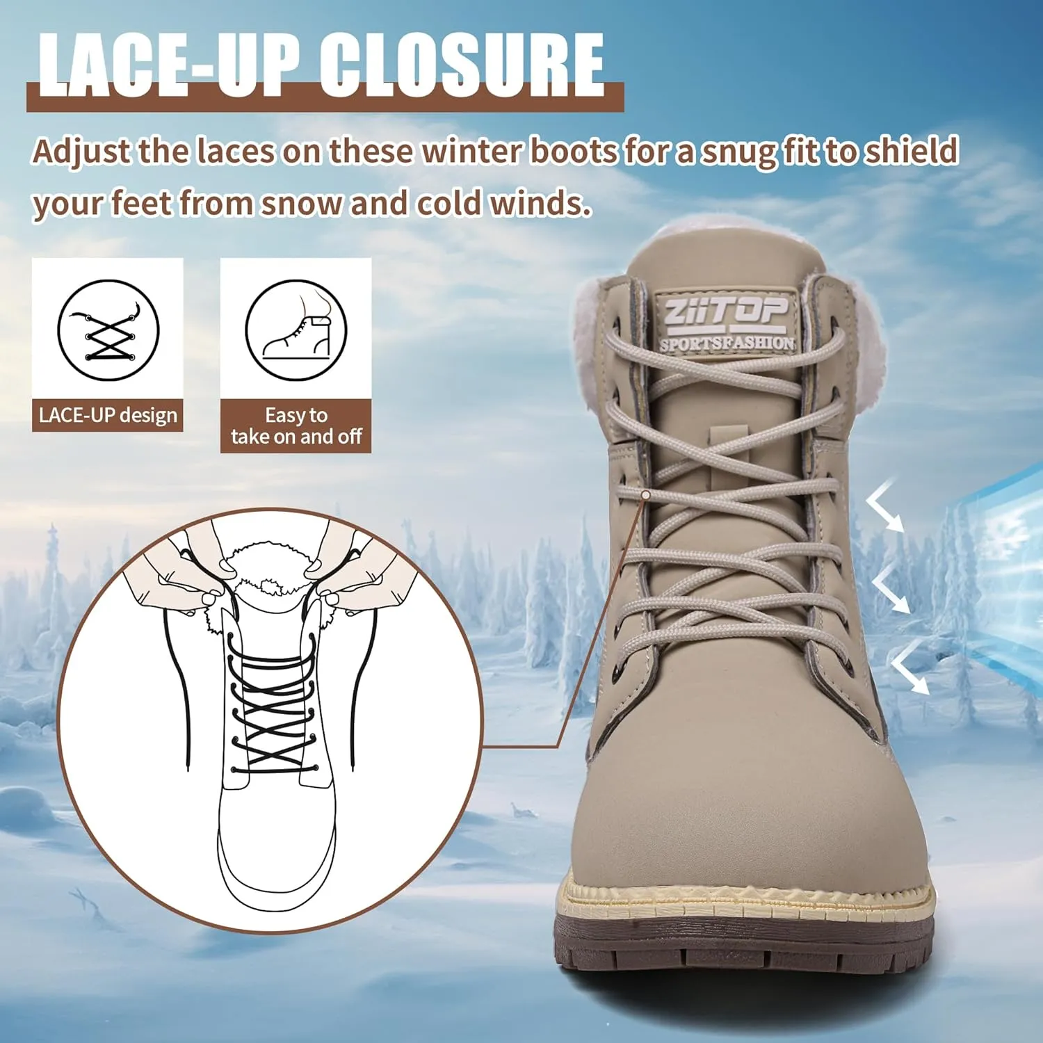 Winter Boots for Women Snow Boots Waterproof Fur Lined Warm Hiking Boots Ladies Lace Up Walking Boots Anti-Slip Lightweight Outdoor Ankle Boots