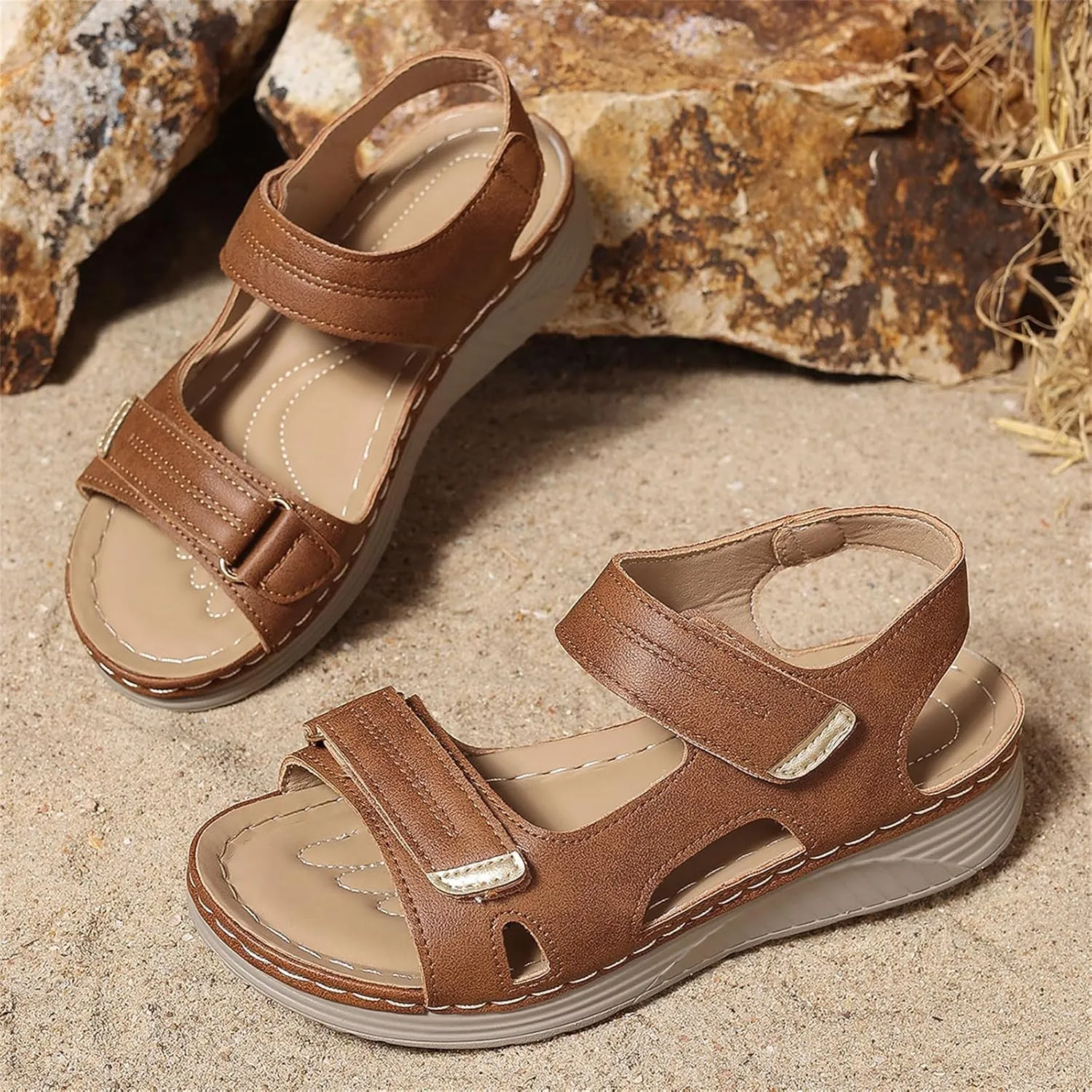 Women Comfortable Sandals Arch Support Walking Orthopedic Platform Open Toe Ankle Strap Sandals