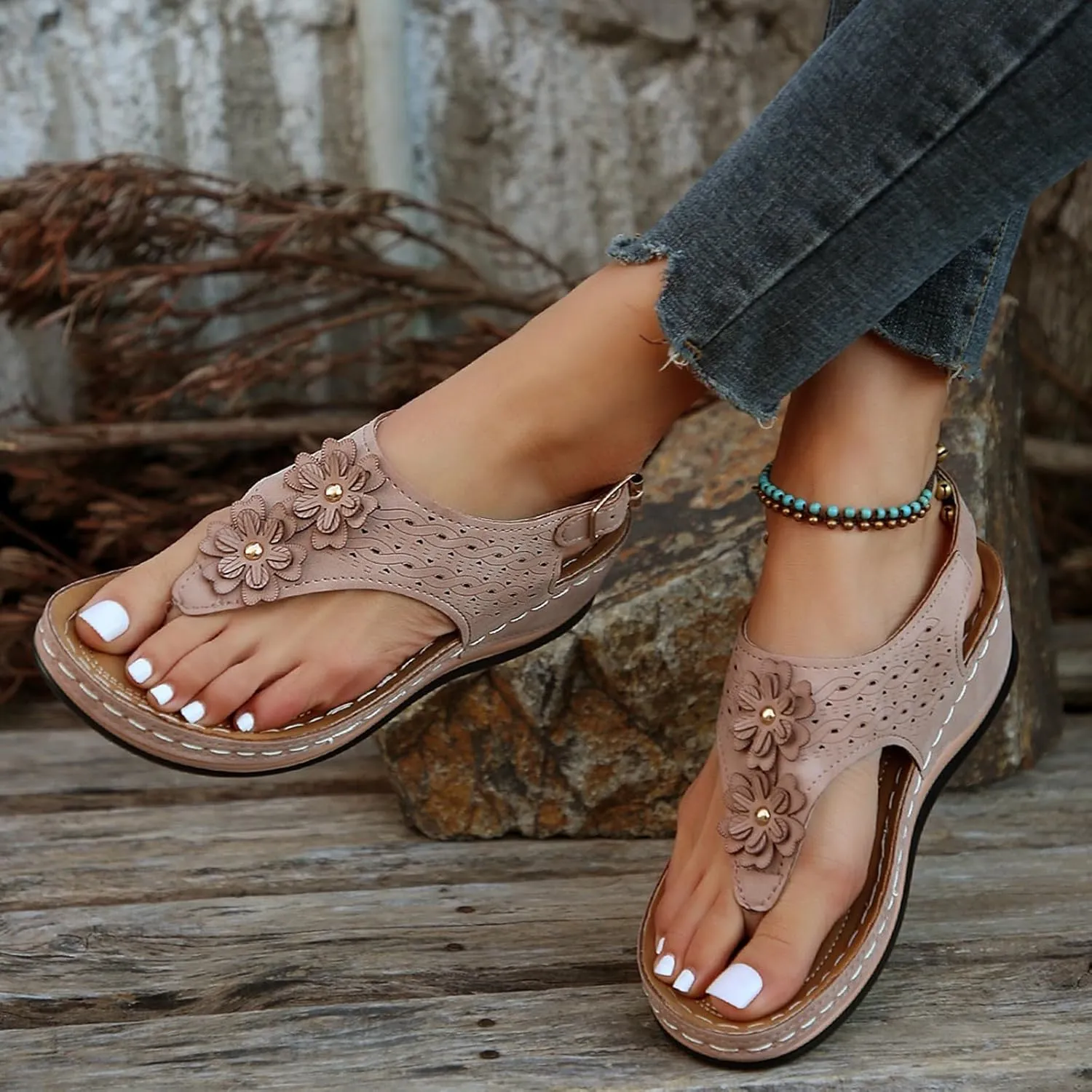 Women Sandals Thong T-Strap Orthotic Casual Flat Sandals Comfortable Mesh Hollow Summer Beach Shoes Flip Flops