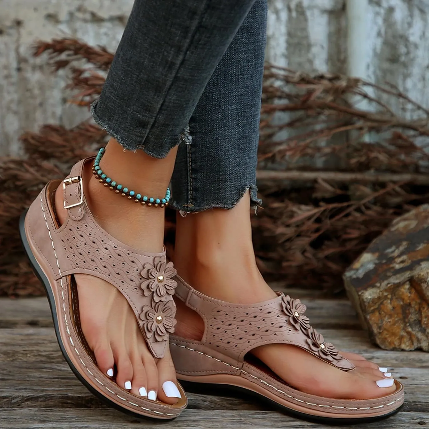 Women Sandals Thong T-Strap Orthotic Casual Flat Sandals Comfortable Mesh Hollow Summer Beach Shoes Flip Flops