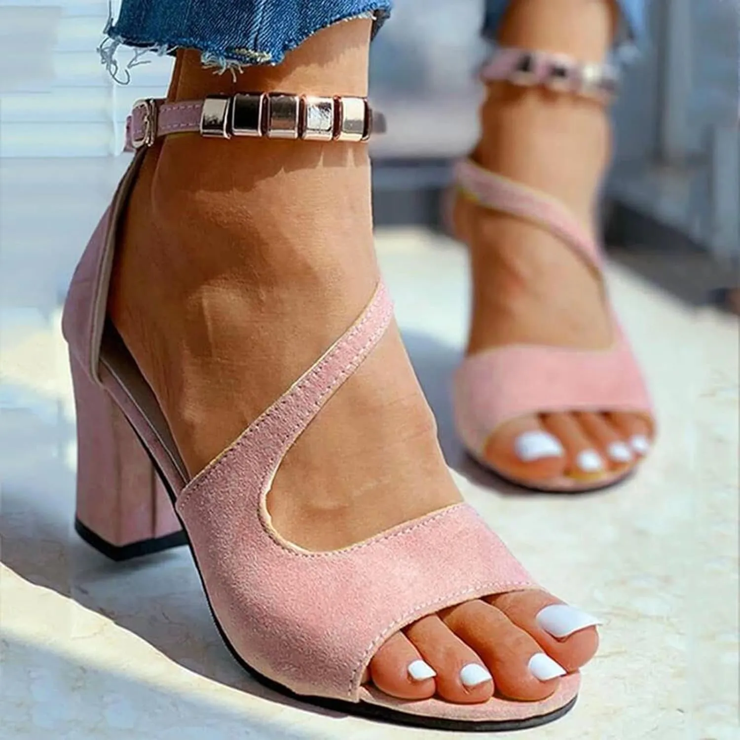 Women Square Toe Sandals Open Toe Strappy Heels Chunky Block Heel Ankle Strap Party Shoes