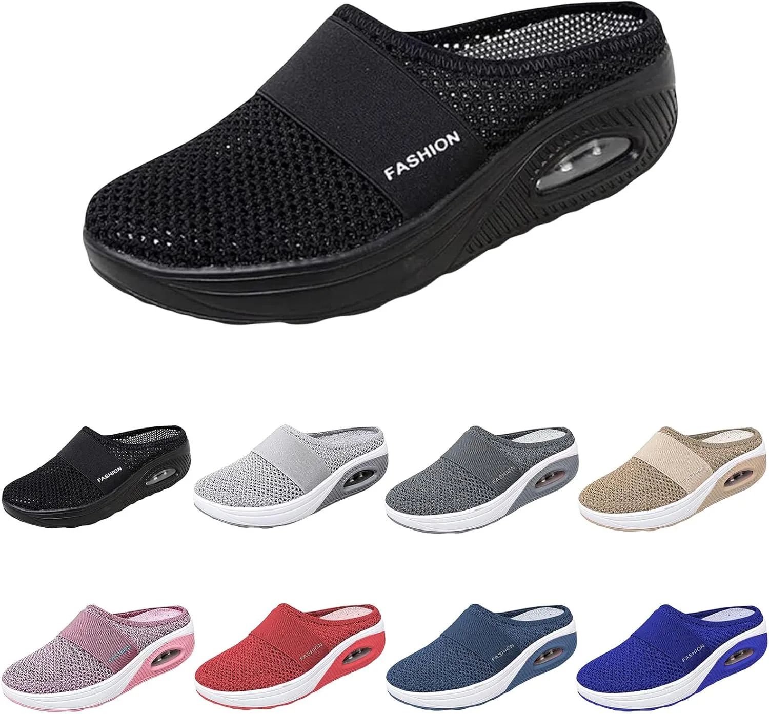 Womens Air Cushion Slip-On Walking Shoes Mesh Breathable Arch Support Sandals Closed Toe Wedge Platform Slippers