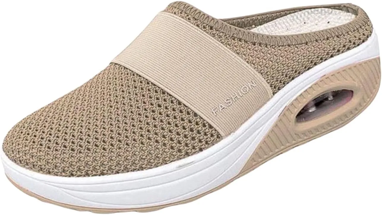 Womens Air Cushion Slip-On Walking Shoes Mesh Breathable Arch Support Sandals Closed Toe Wedge Platform Slippers