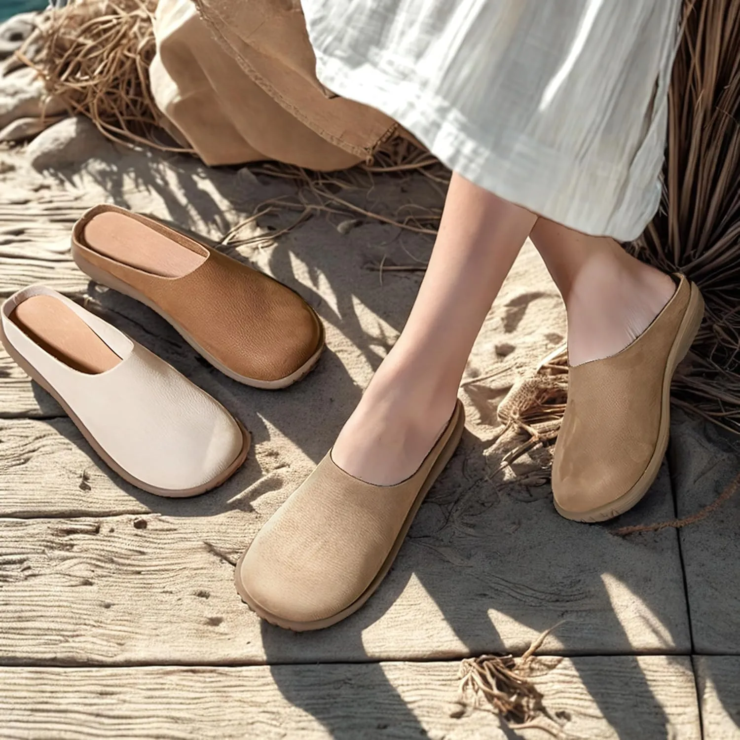 Women's Casual Fashion Mule Clog Comfortable Indoor Outdoor All Day Leather Upper Insole Soft Rubber Sole Durable