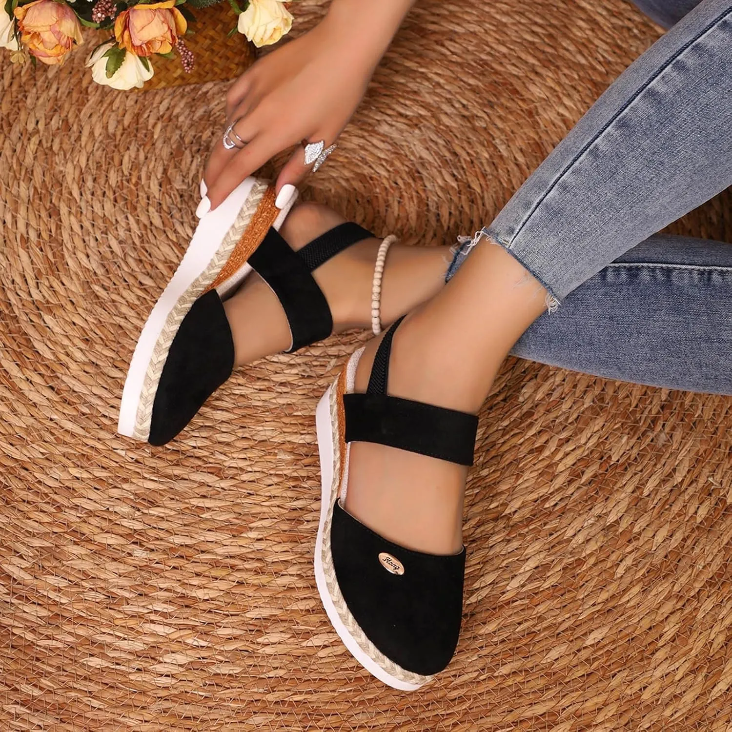 Women's Closed Toe Elastic Ankle Strap Espadrilles Wedge Sandals Dressy Summer Platform Beach Shoes