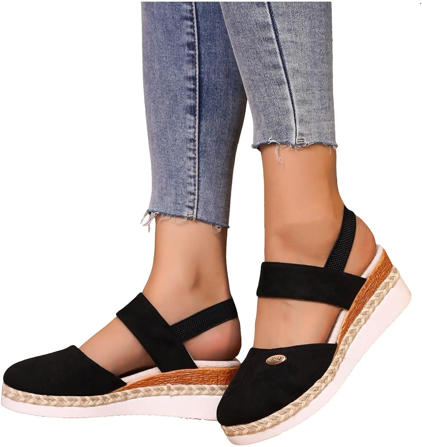 Women's Closed Toe Elastic Ankle Strap Espadrilles Wedge Sandals Dressy Summer Platform Beach Shoes