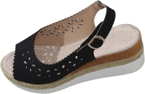 Womens Dress Sandals Low Heel Hollow Out Breathable Leather Wedges Shoes Summer Trendy Fashion Espadrilles Wedges