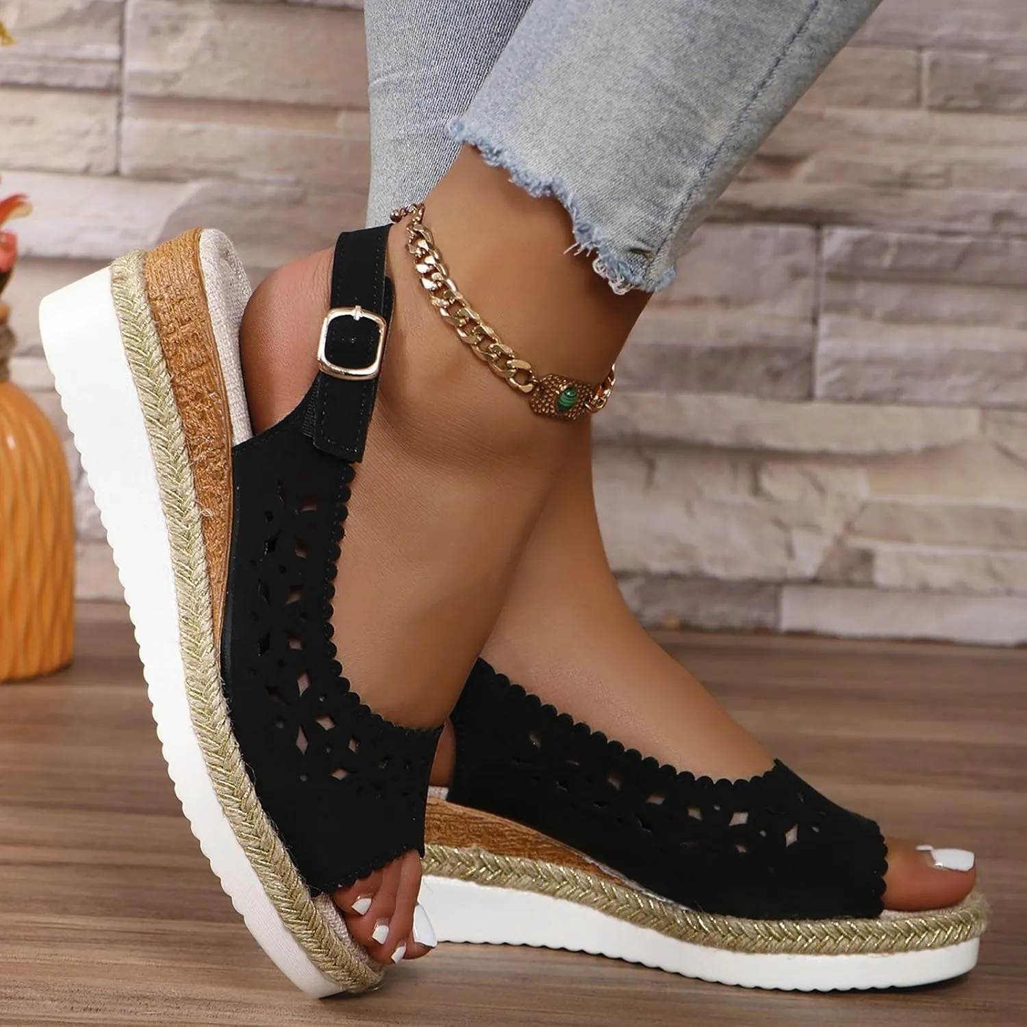 Womens Dress Sandals Low Heel Hollow Out Breathable Leather Wedges Shoes Summer Trendy Fashion Espadrilles Wedges