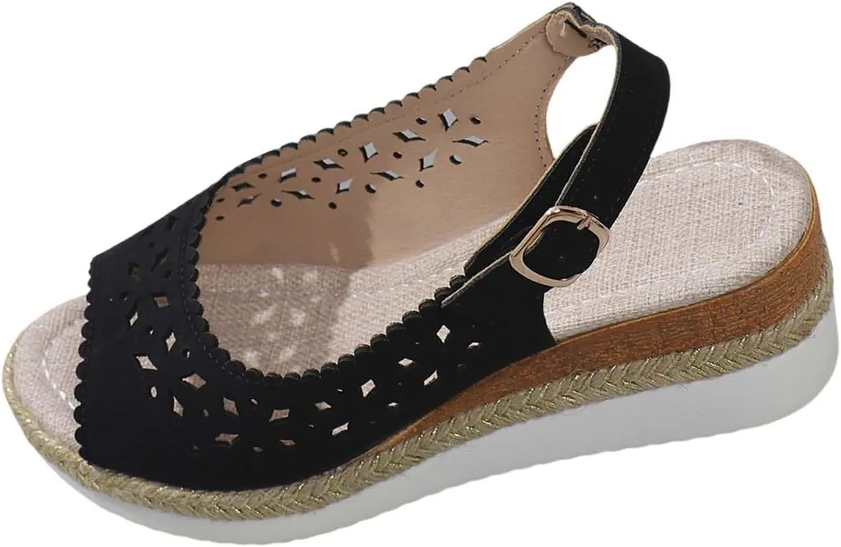 Womens Dress Sandals Low Heel Hollow Out Breathable Leather Wedges Shoes Summer Trendy Fashion Espadrilles Wedges