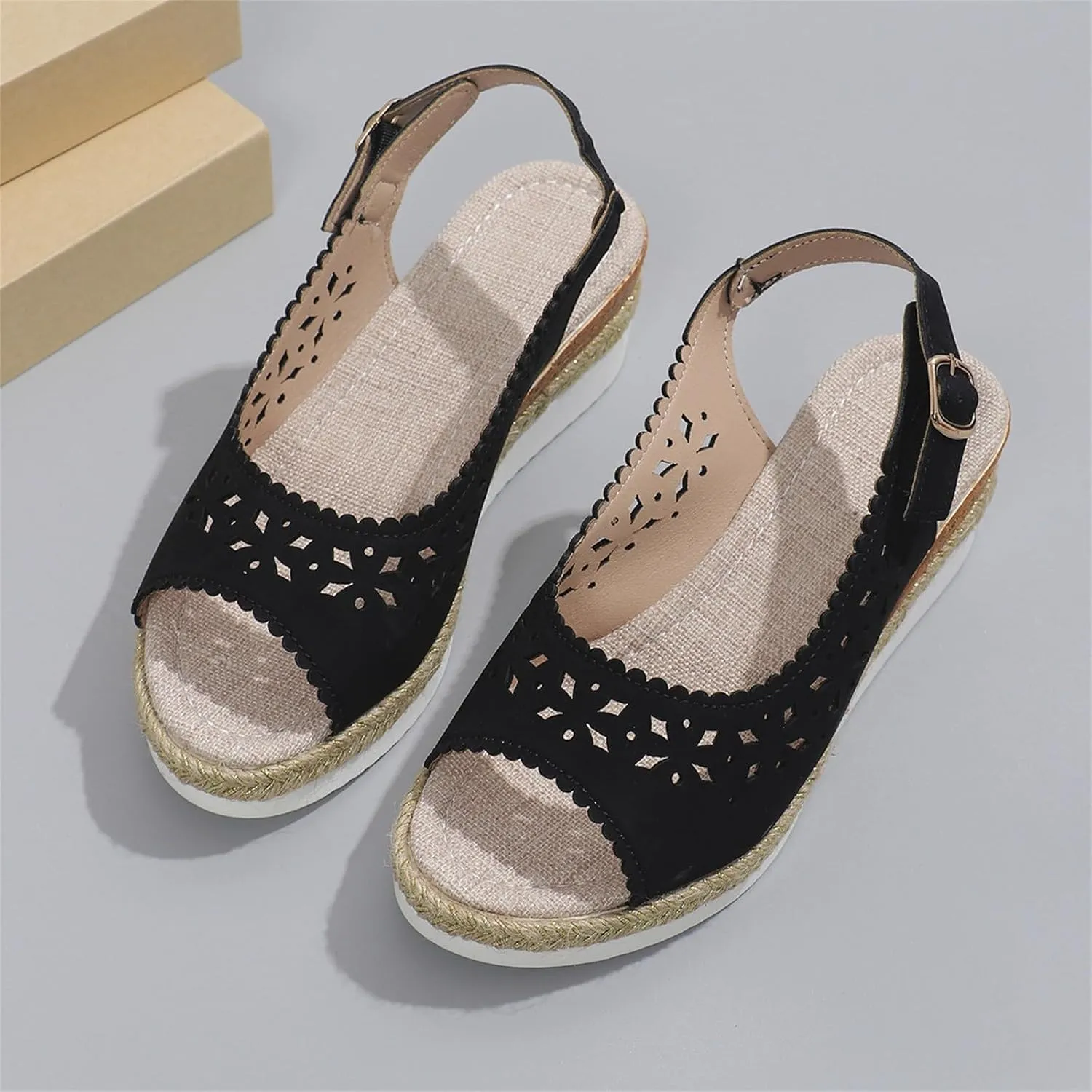 Womens Dress Sandals Low Heel Hollow Out Breathable Leather Wedges Shoes Summer Trendy Fashion Espadrilles Wedges